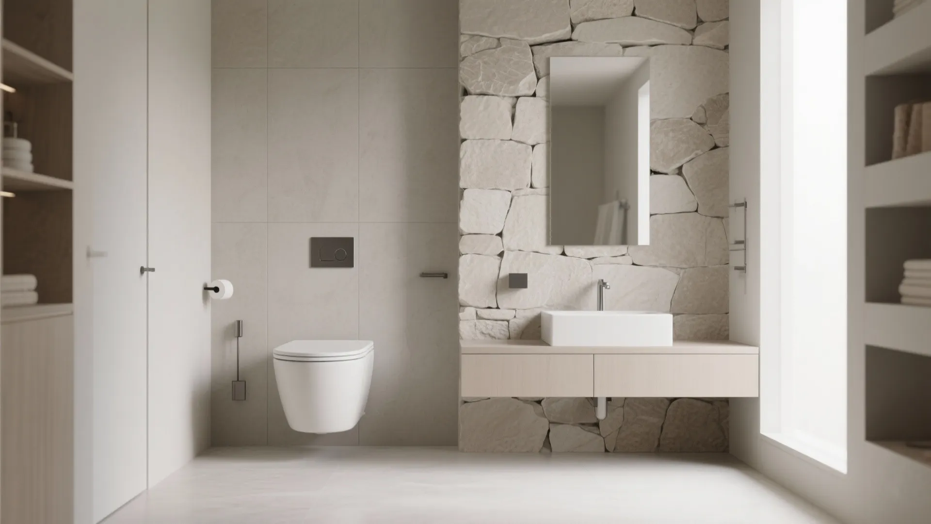 Minimalist bathroom featuring wall mounted toilet stone accent wall floating sink cabinet and a mirror