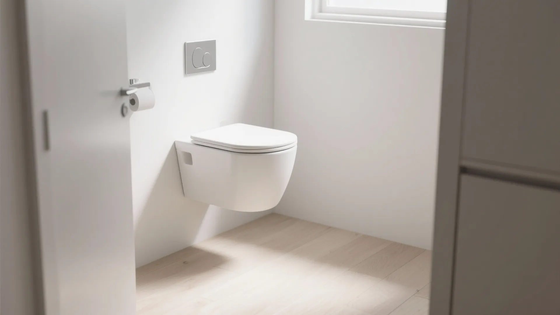 Modern white wall mounted toilet in minimalist bathroom with light wood flooring and bright natural light