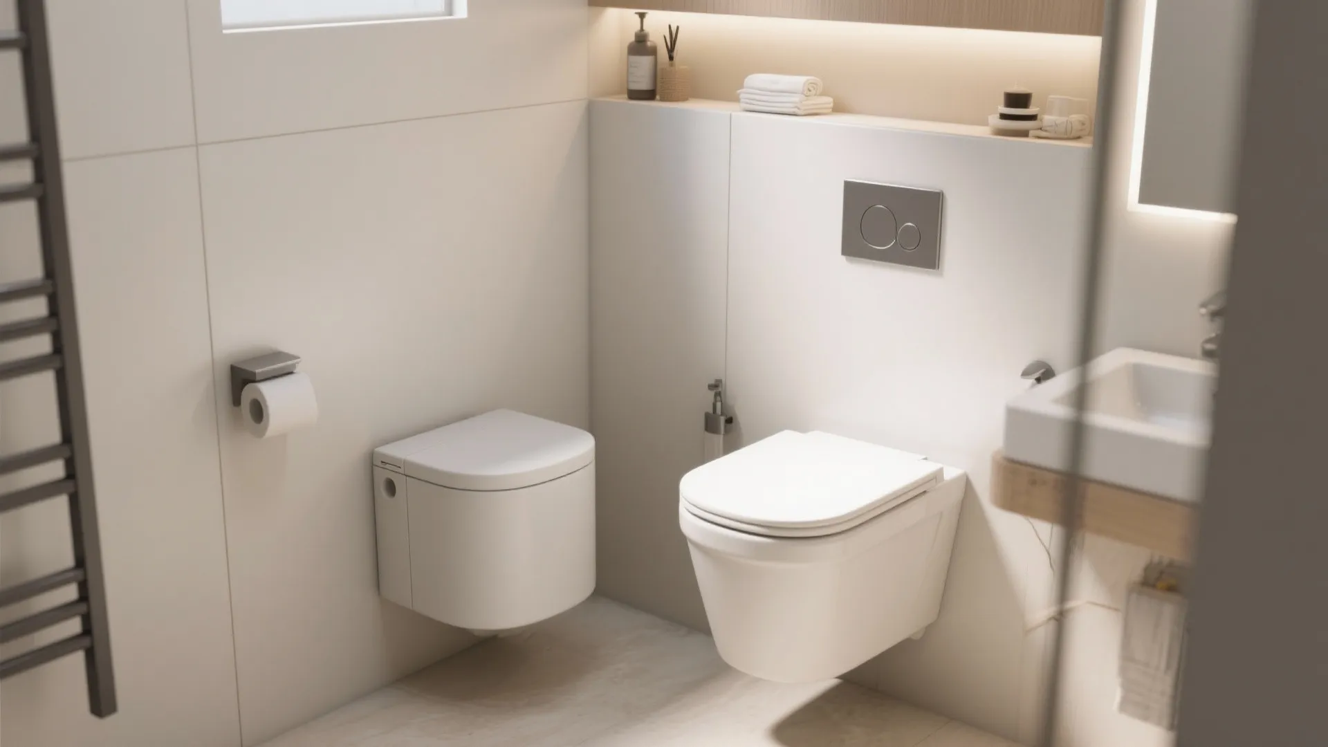 Minimalist bathroom design featuring two white wall-mounted toilets, clean white walls, and a small sink