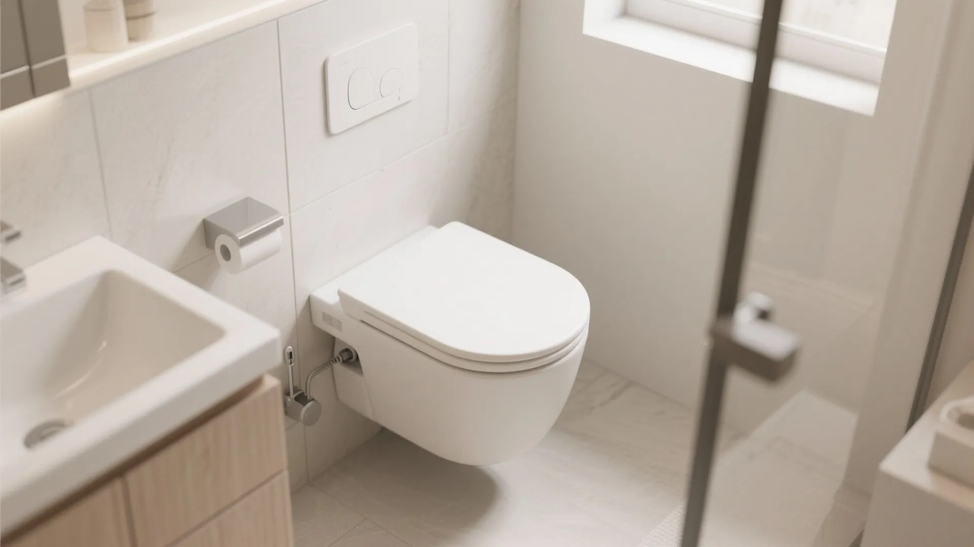 Wall-hung floating toilet in a modern bathroom