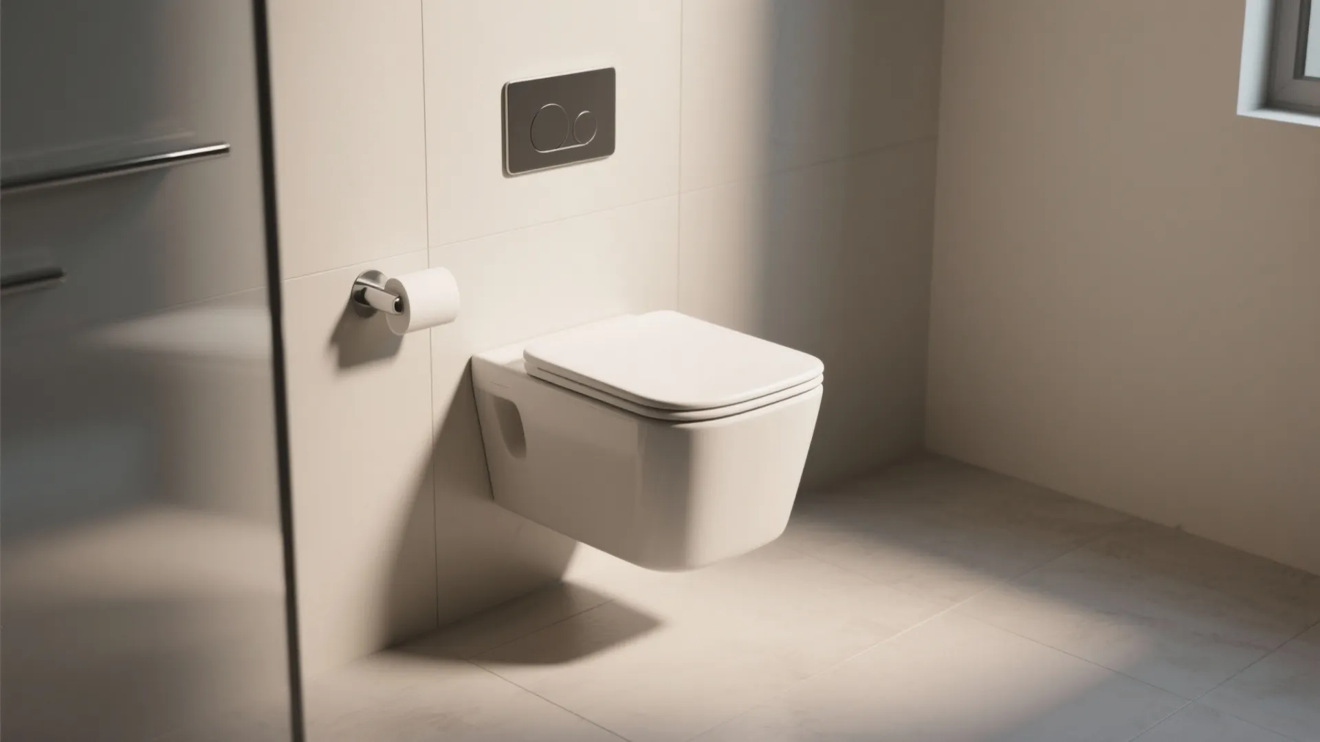 Modern wall mounted white toilet with silver flush plate on a light beige tiled bathroom wall
