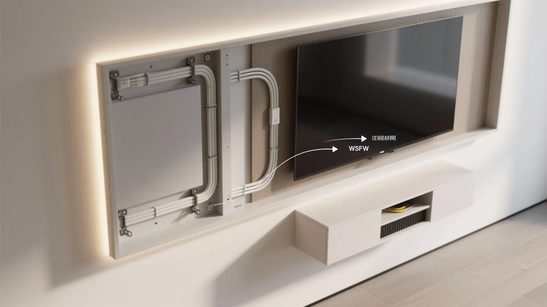 Interior design drawing showing hidden cable management wires inside a white wall cabinet behind a television
