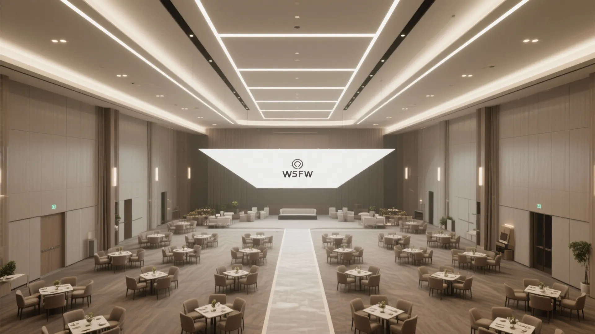 Large empty ballroom with many round dining tables brown chairs bright ceiling lights and logo screen