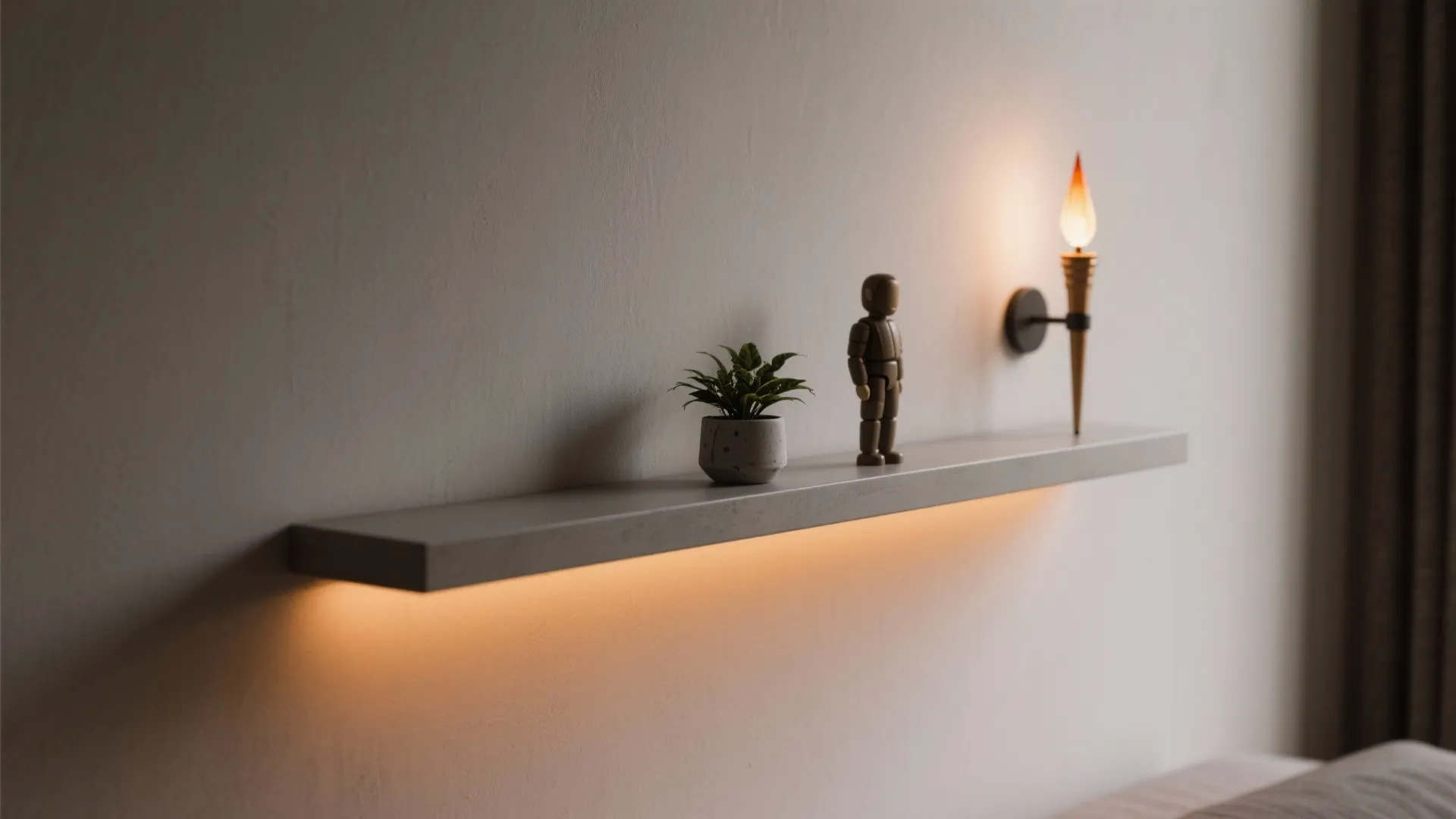 Minimalist floating wall shelf with small potted plant wooden figure and warm torch style light