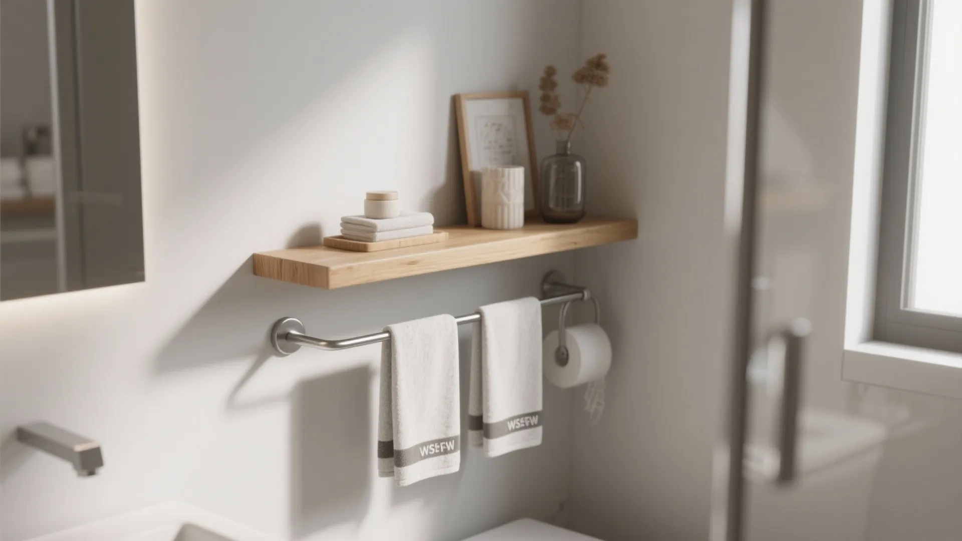 Modern bathroom with wooden shelf above a metal towel bar holding two white hand towels