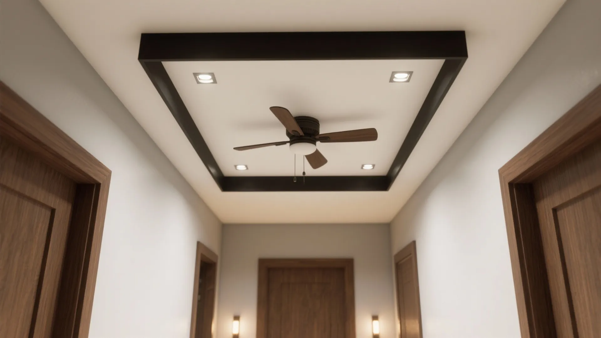 Interior hallway with ceiling fan inside black square frame four small lights and wooden doors