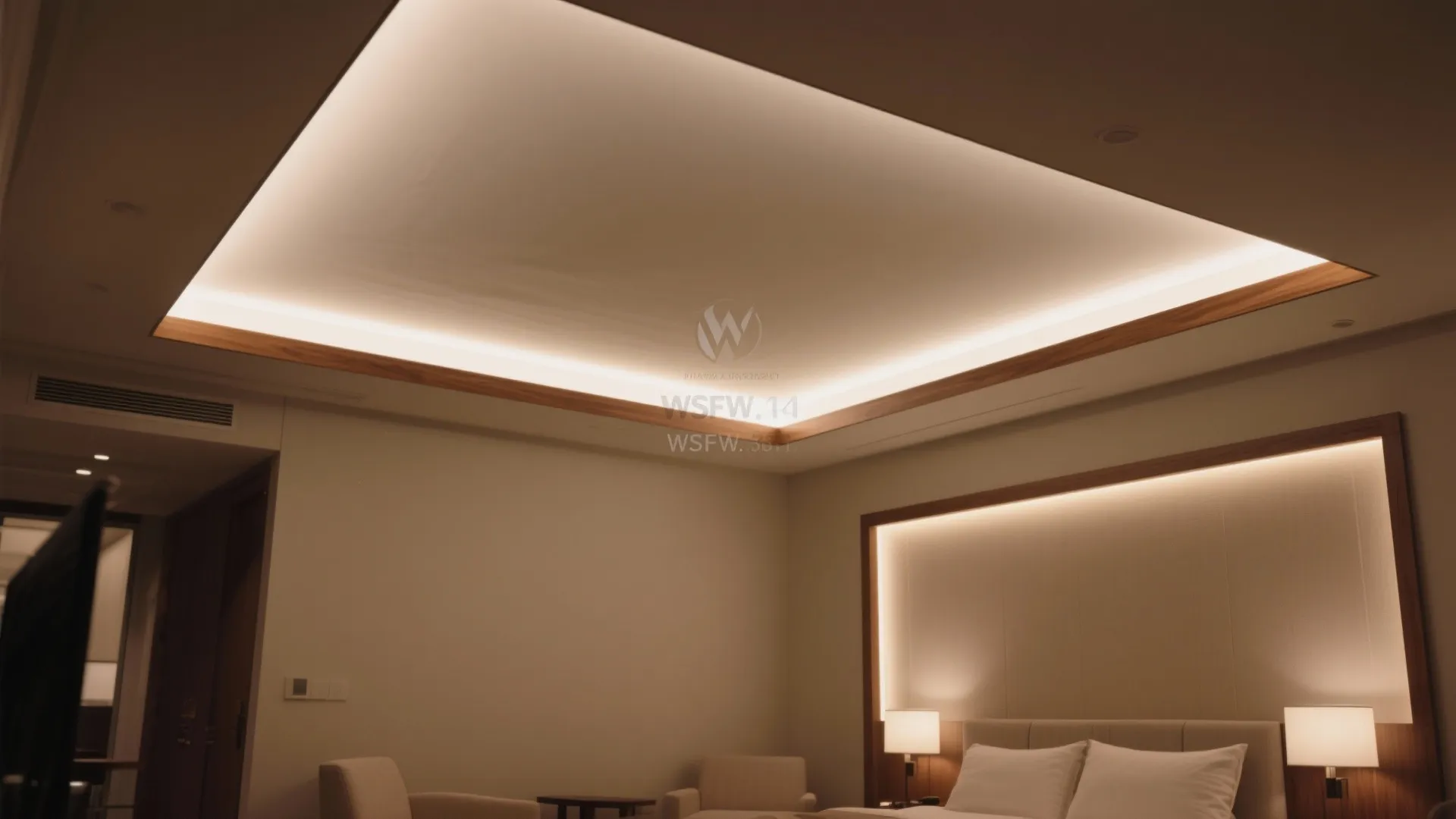 Cozy bedroom interior with warm hidden ceiling lights wooden accents soft bedding and symmetrical table lamps