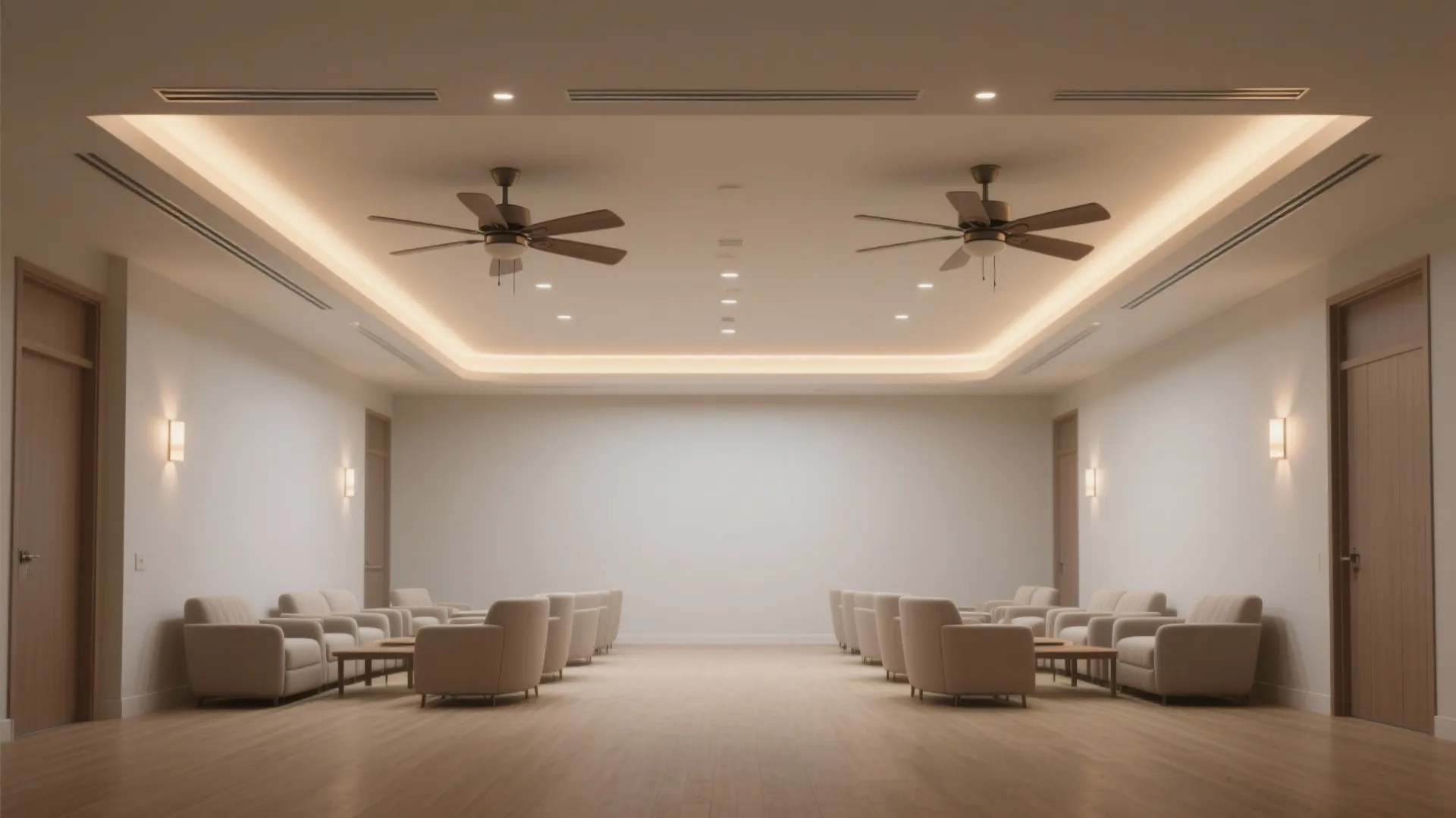 Large waiting room with two ceiling fans recessed lighting soft armchairs and small coffee tables