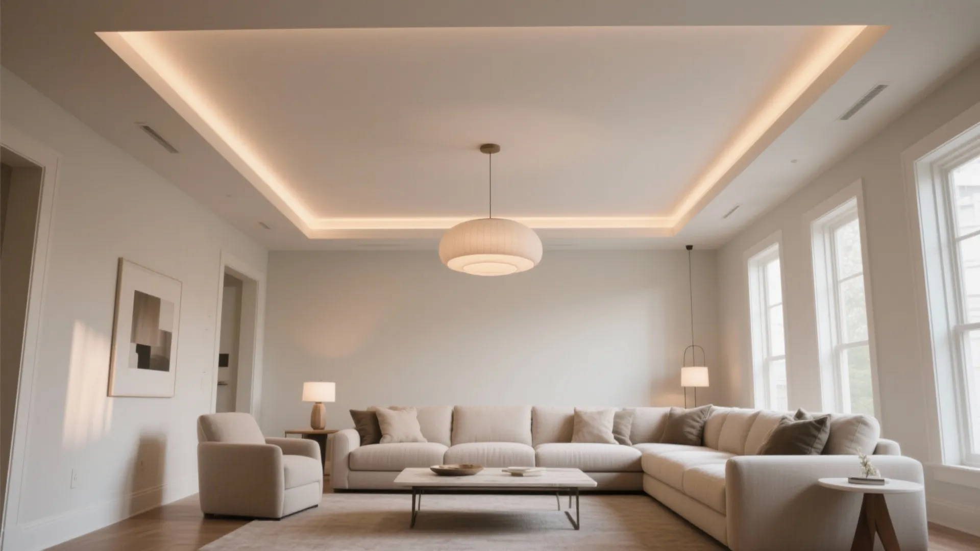 Modern living room with a large white sofa coffee table ceiling light and natural windows