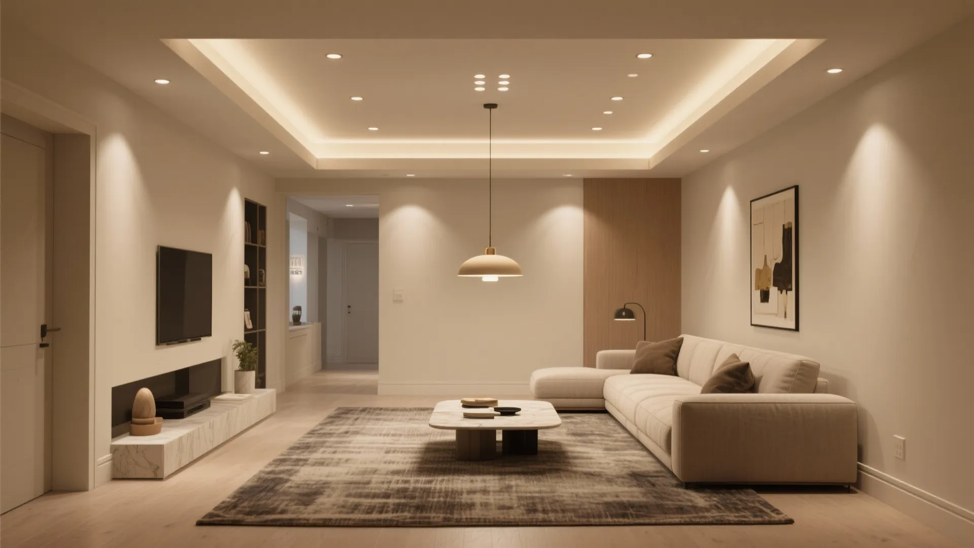 3) Floating center tray with recessed spots and a feature pendant