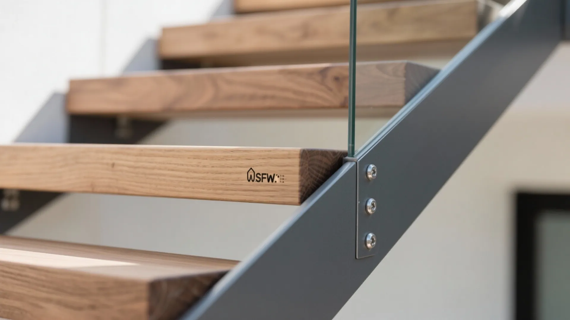 Close up view of wooden stair steps with a glass railing and metal frame support