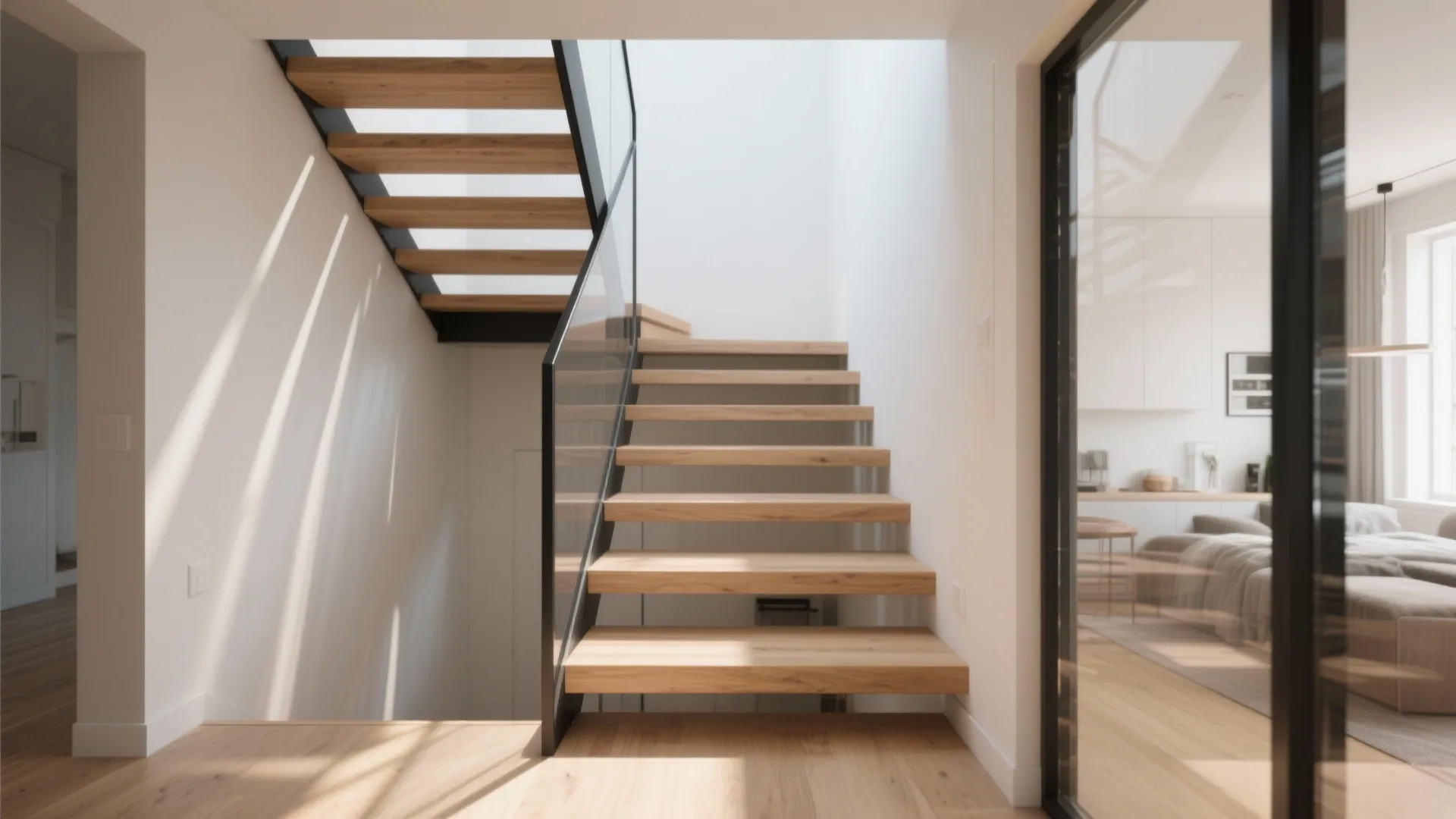 Slim central stringer with floating light-wood treads and glass balustrade in a narrow apartment.