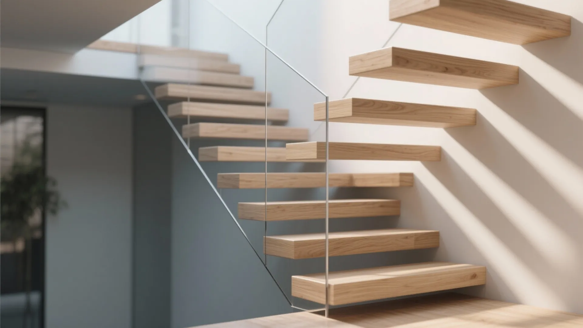 Modern wooden floating stairs attached to a white wall with a clear glass safety handrail