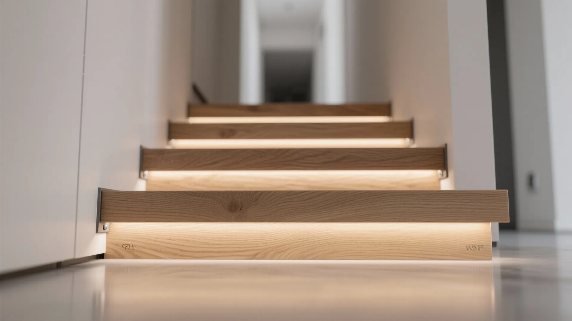 Close-up of floating timber treads with concealed warm LED lighting highlighting matte oak grain.