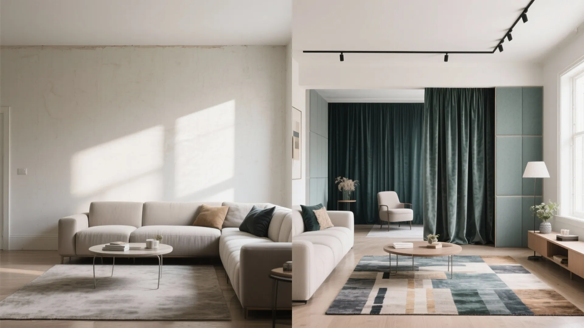 Before and after living room renovation showing a plain wall updated with green curtains and panels