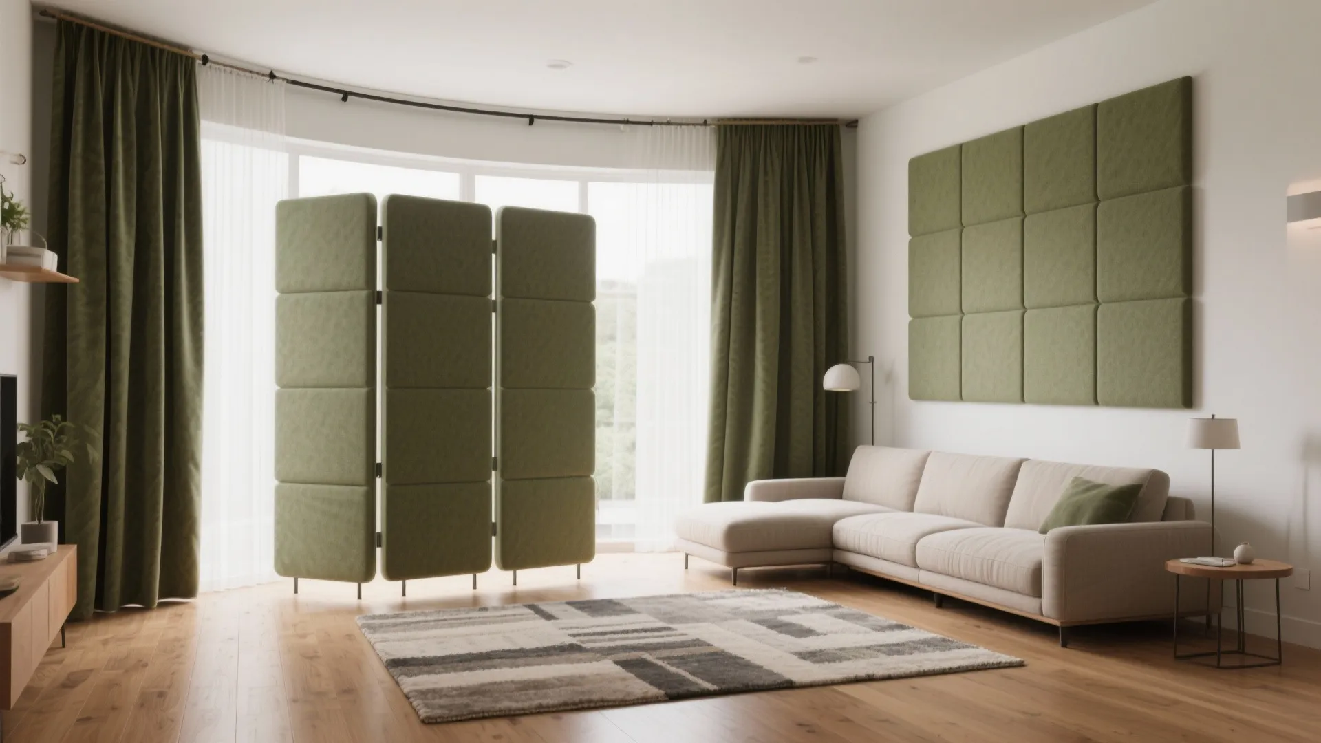 Modern living room with a green folding screen, beige sofa, wall panels, and large windows