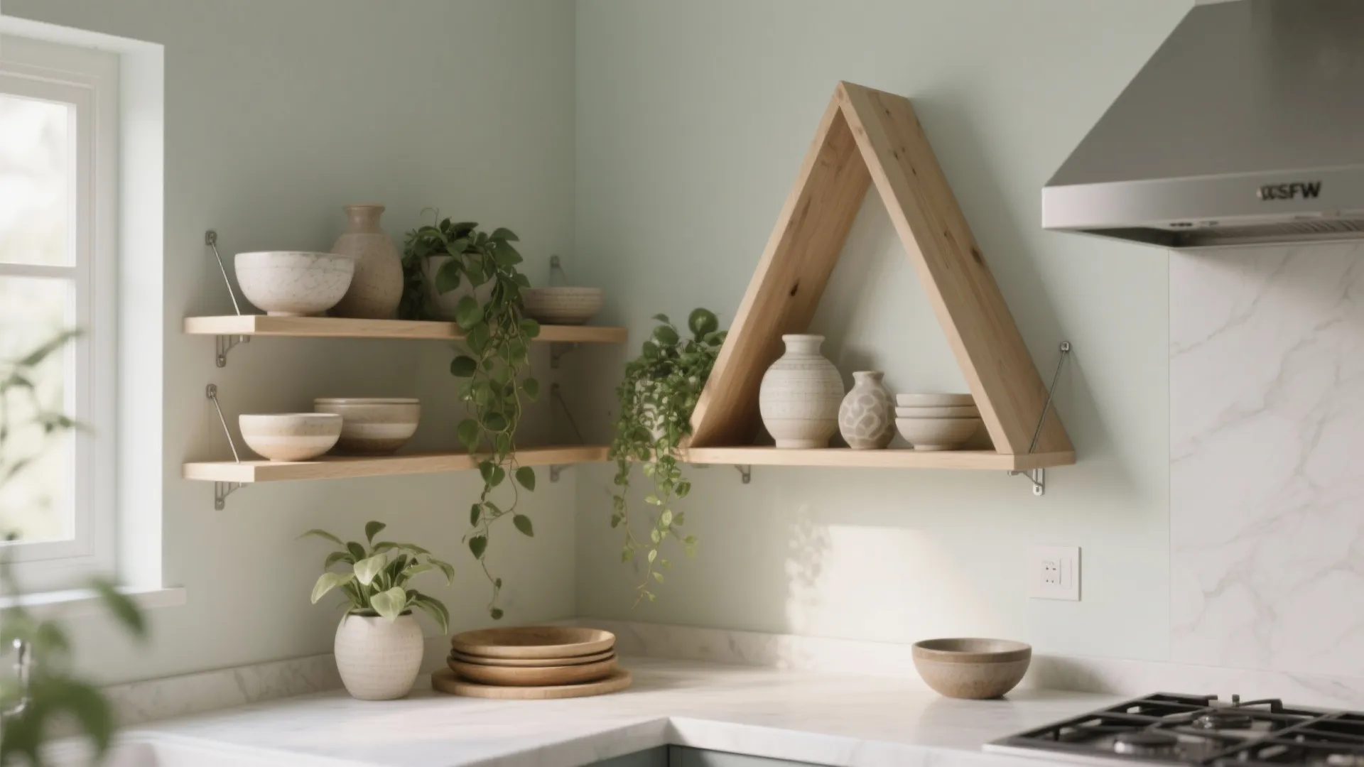 2. Open floating triangle shelves