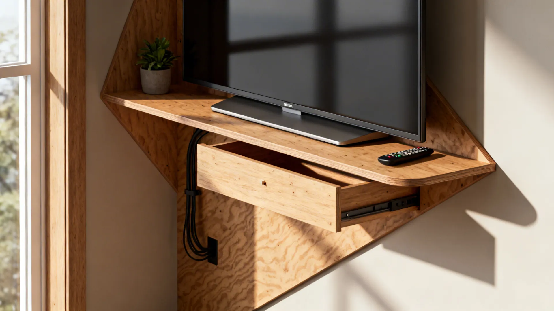 Floating triangular corner shelf with a slim TV and veneer plywood drawer, cable channel hidden