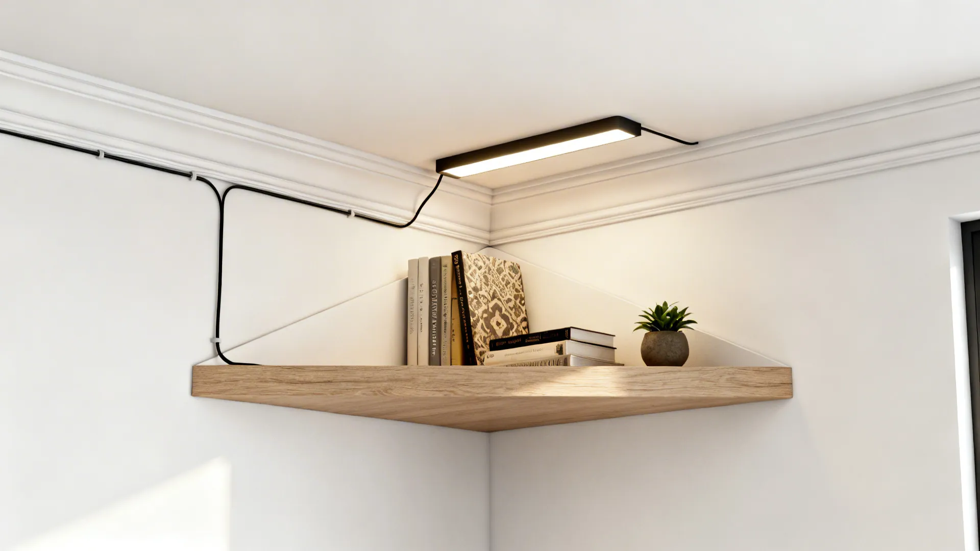 Wooden corner wall shelf holding books and small plant with a light fixture above it