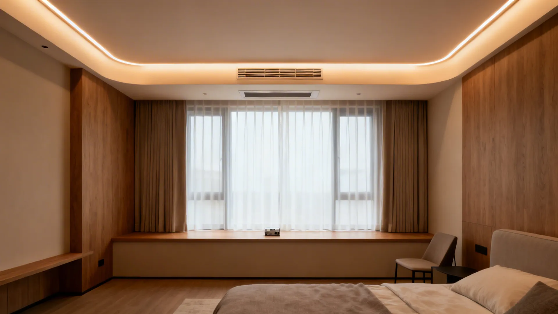 Floating perimeter trough ceiling with warm halo lighting and a central cassette AC.