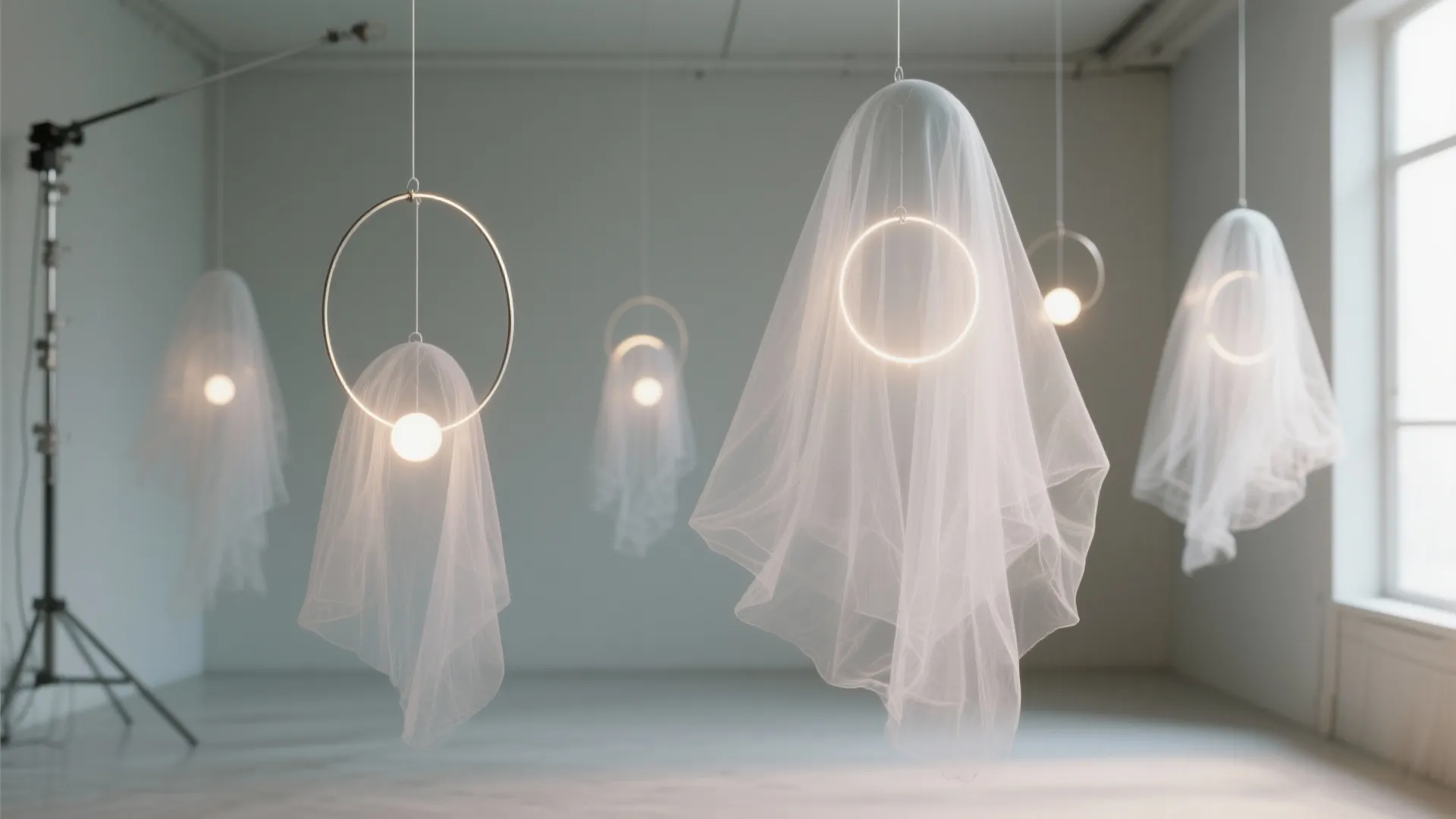 Minimalist white room featuring ghost light fixtures made of thin fabric and glowing metal rings