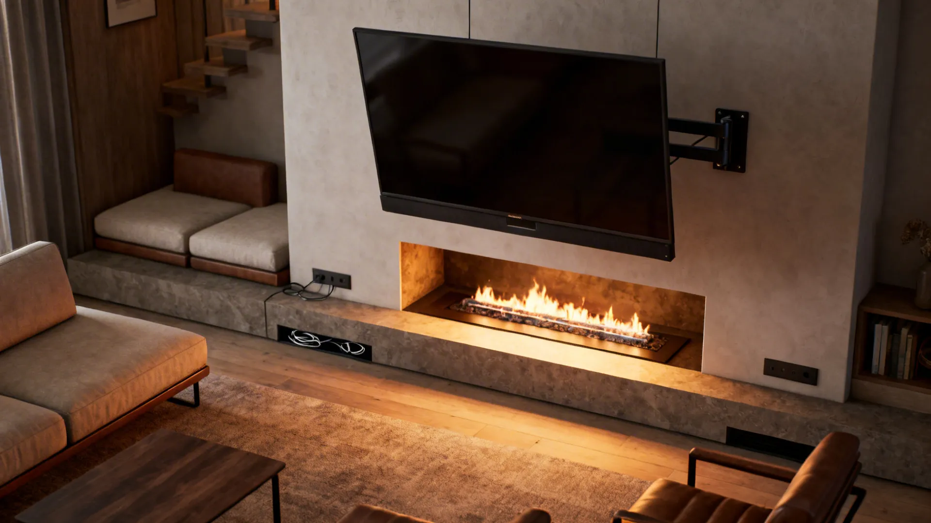 Television on a swivel wall mount positioned over a modern fireplace with bright orange flames