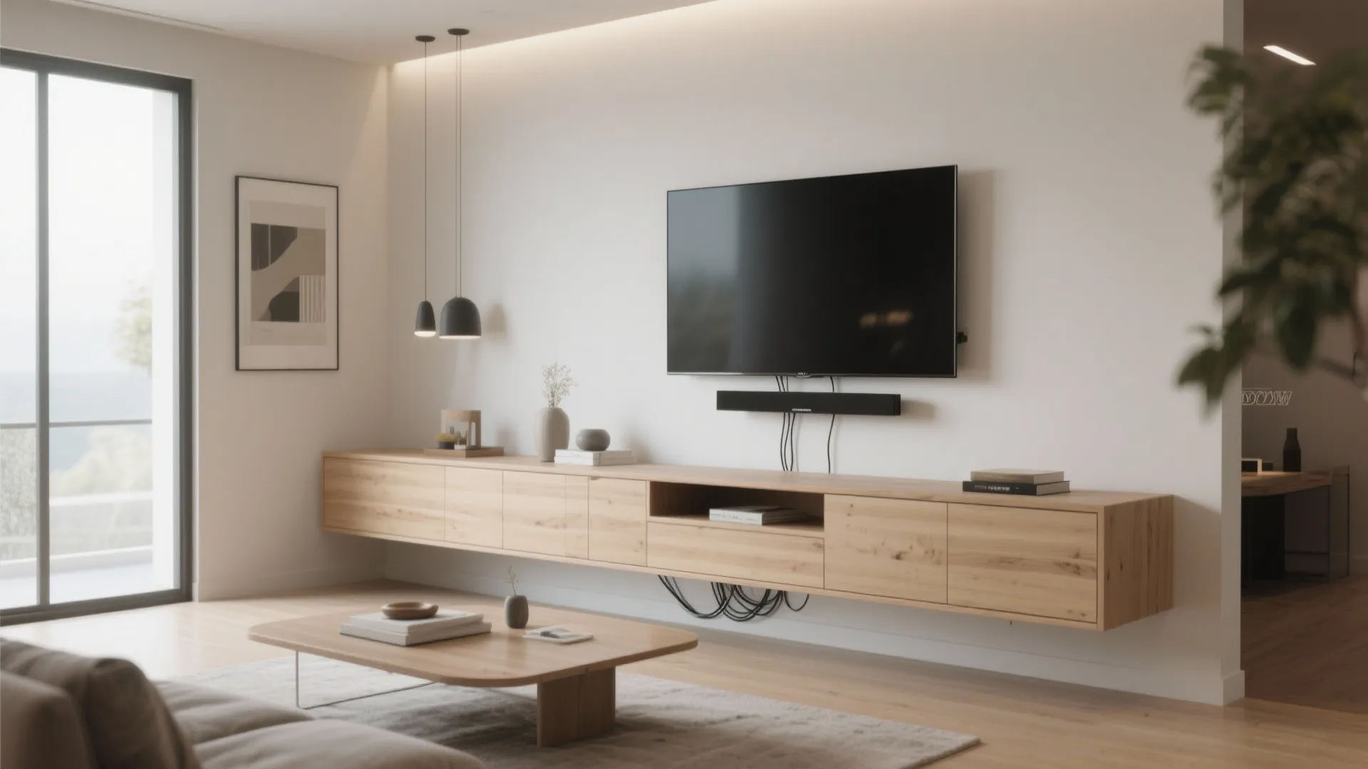 Wall mounted television above floating wooden cabinet in a modern living room with low coffee table