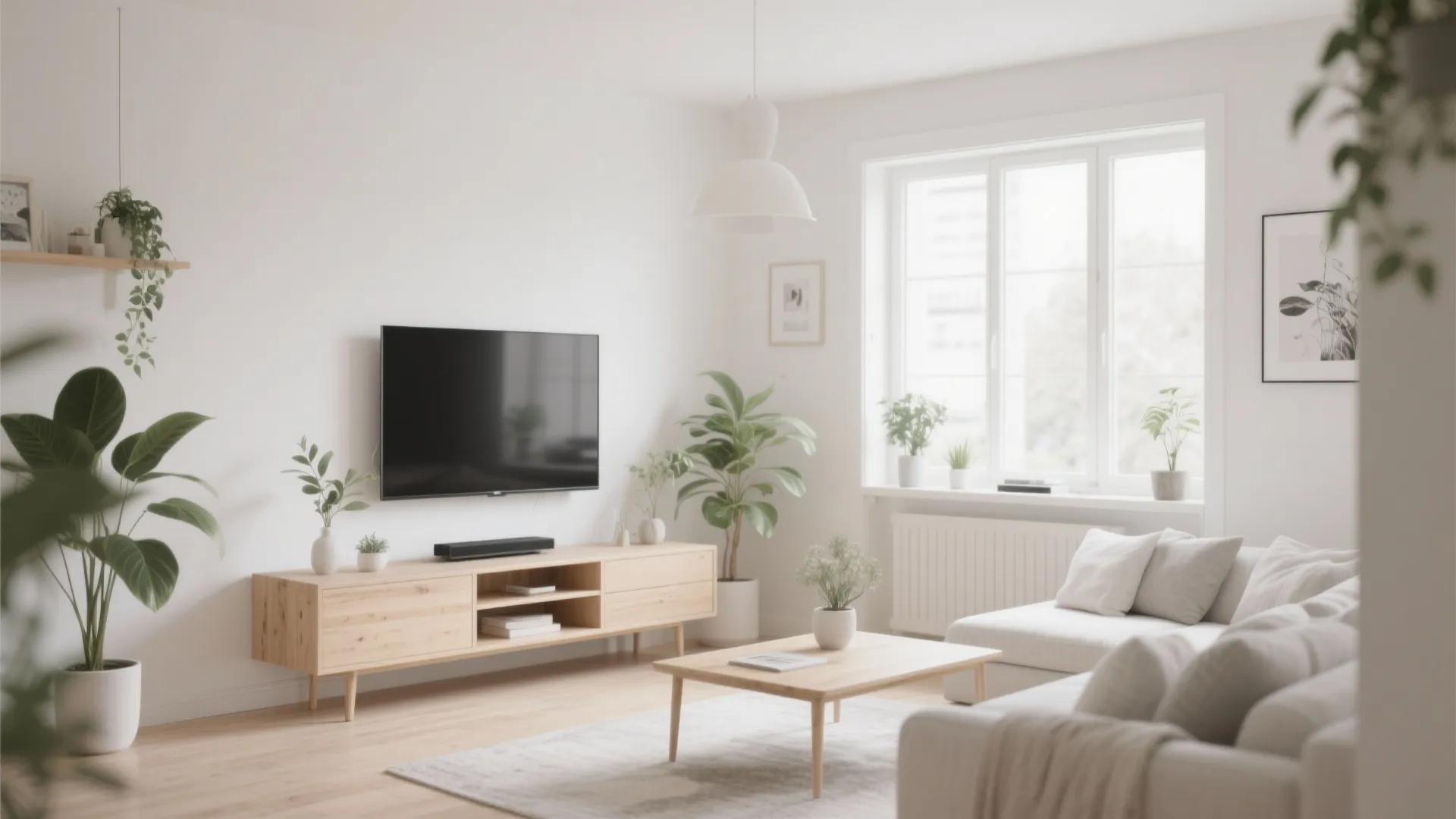 Bright living room featuring wood cabinet with wall mounted television white sofa and indoor plants