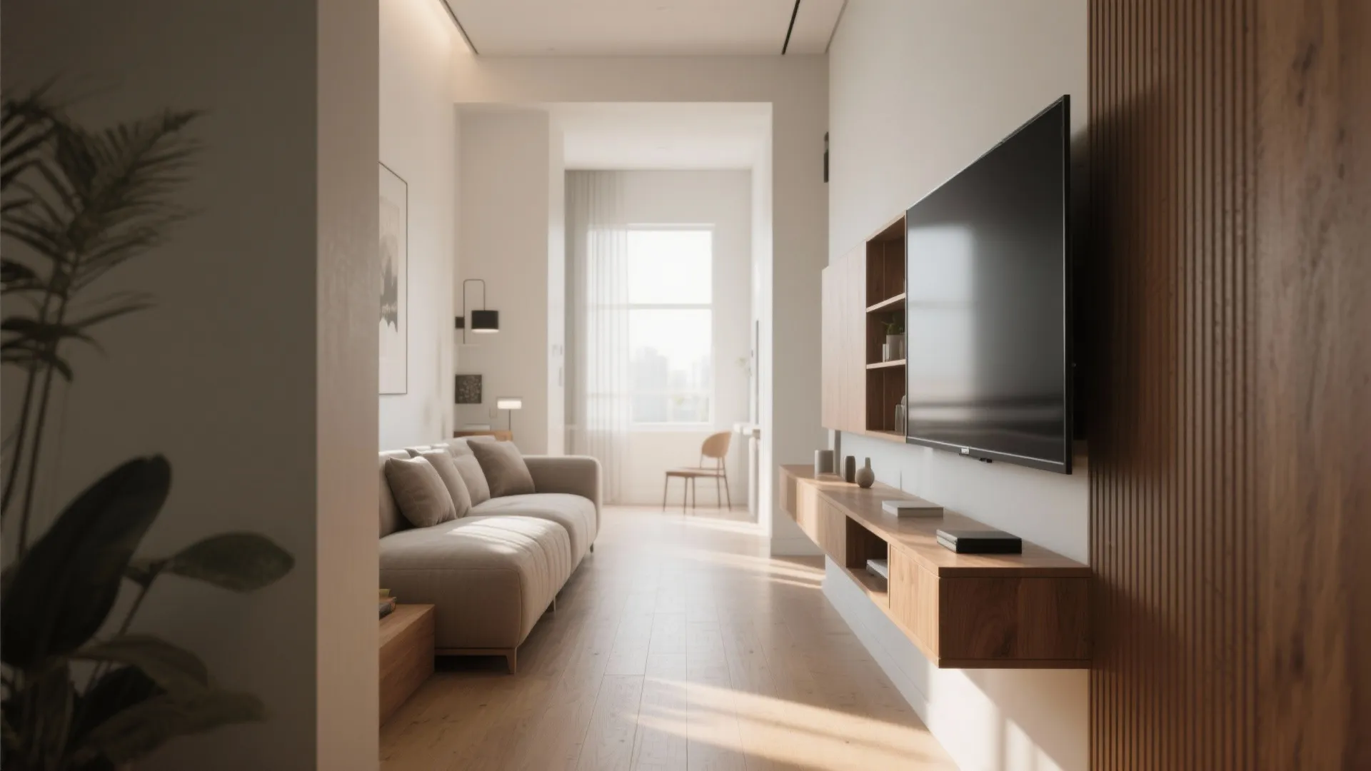 Modern living room featuring beige sofa, wooden floating cabinet, wall mounted television, and natural light
