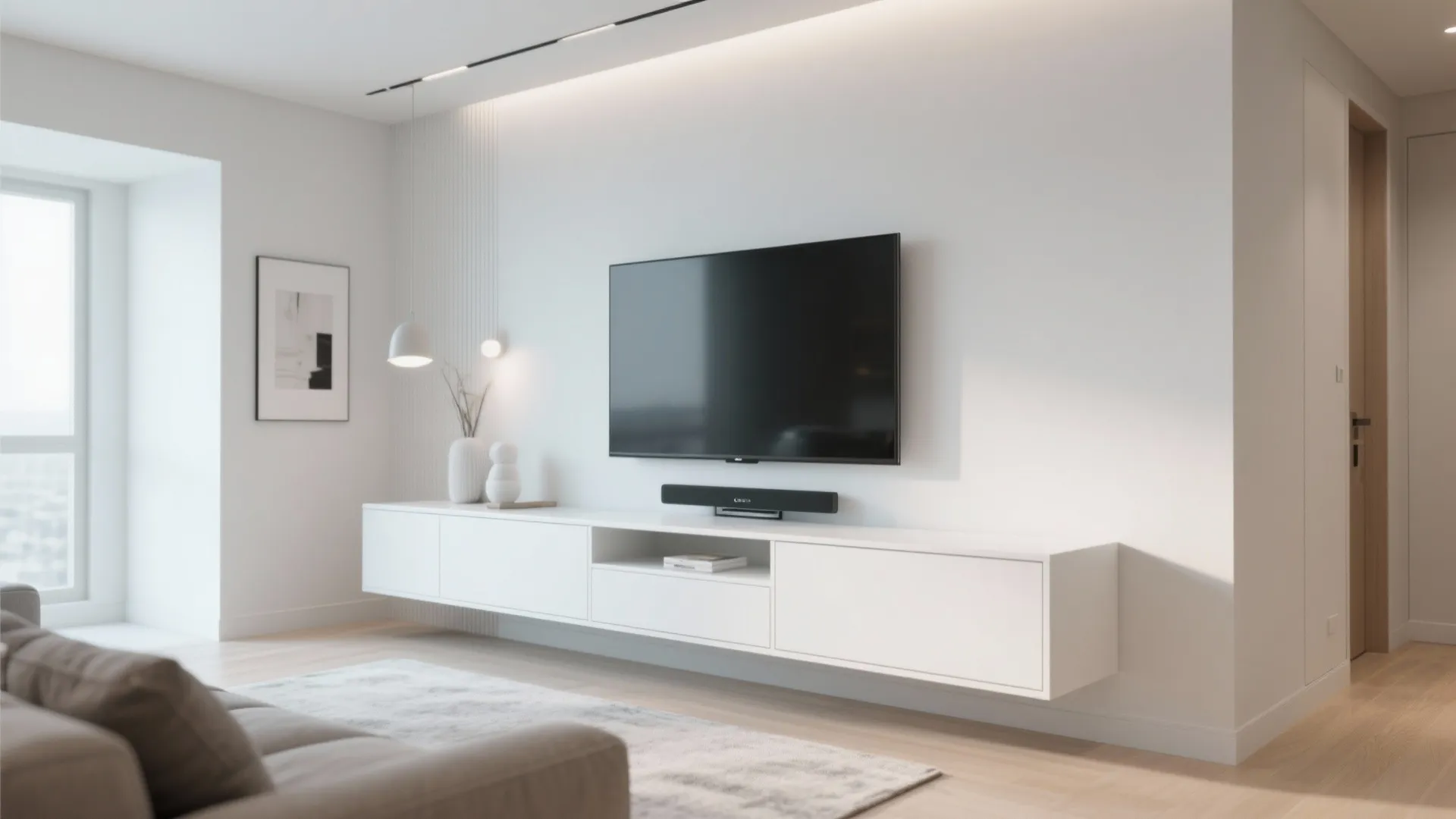 Modern white living room featuring a wall mounted television above a floating white storage cabinet