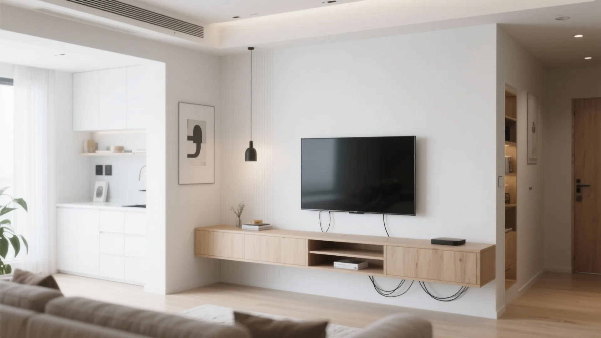 Modern living room with floating wooden cabinet, wall mounted television, black light, and white kitchen
