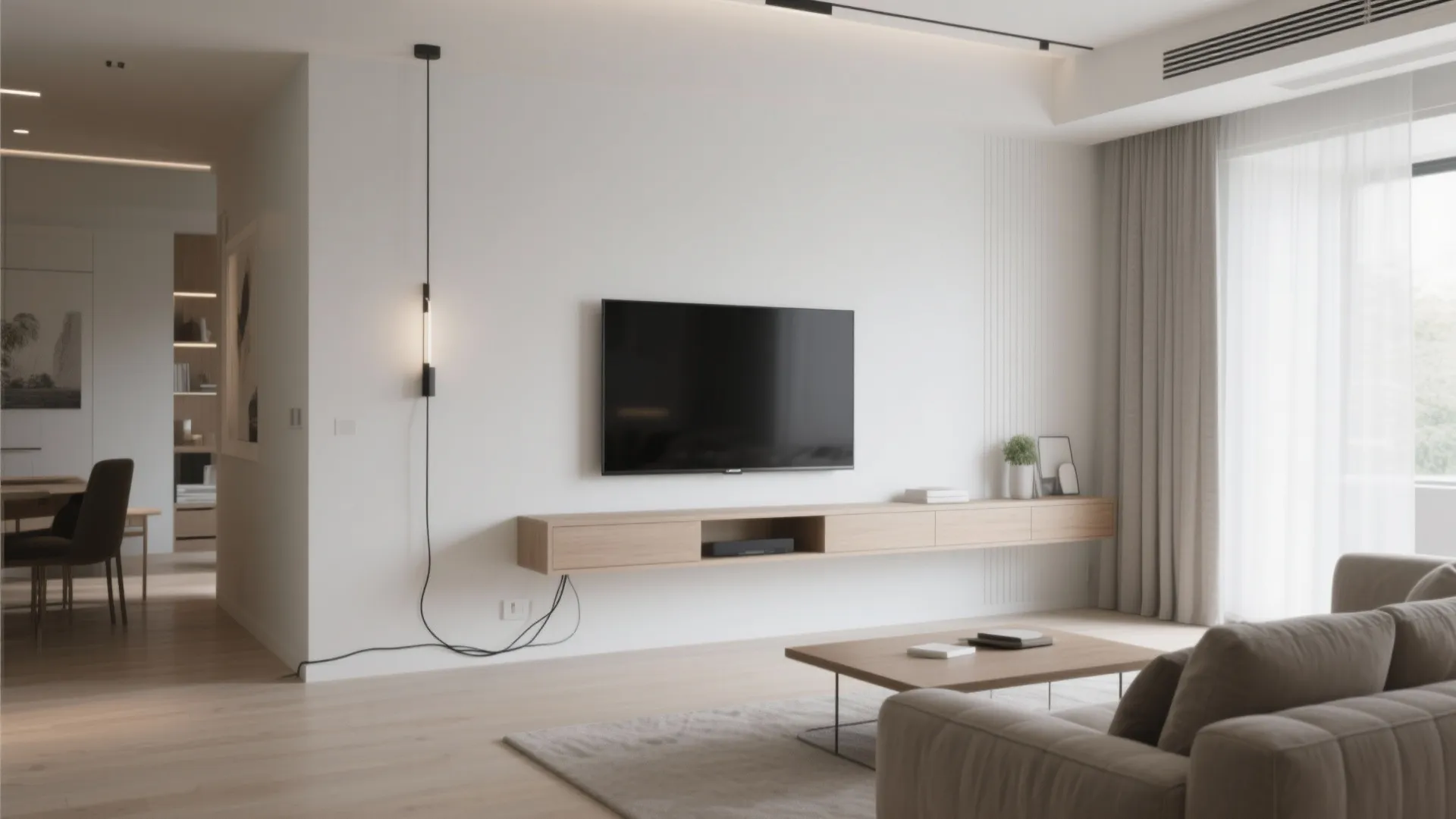 Minimalist living room featuring a wall mounted television wooden cabinet grey sofa and large window view