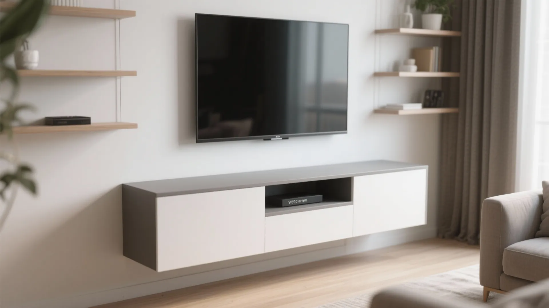 Minimalist white and grey wall mounted cabinet under a large television in a bright room