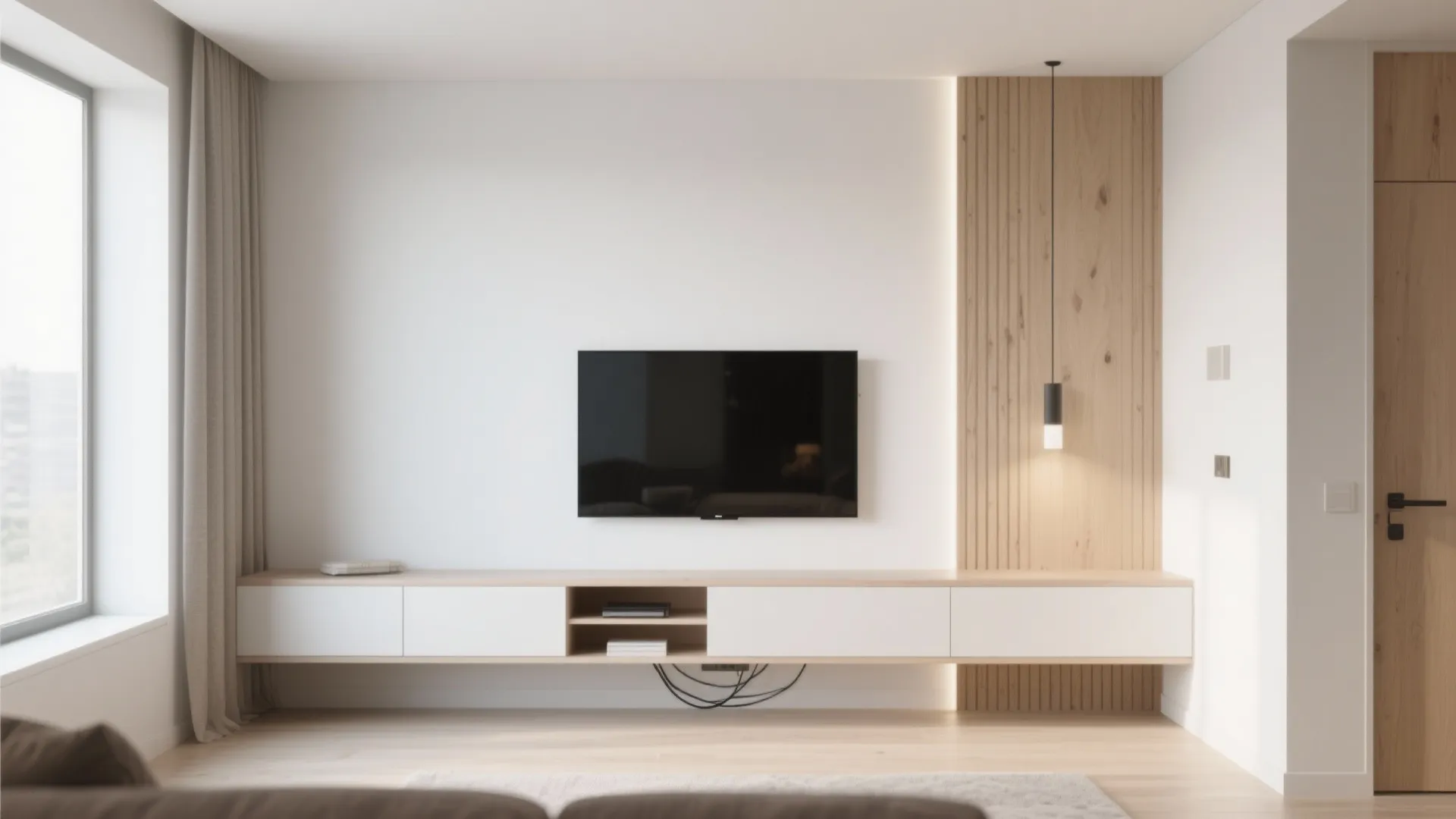 Minimalist living room with floating cabinet wall mounted television wood panel and hanging light fixture
