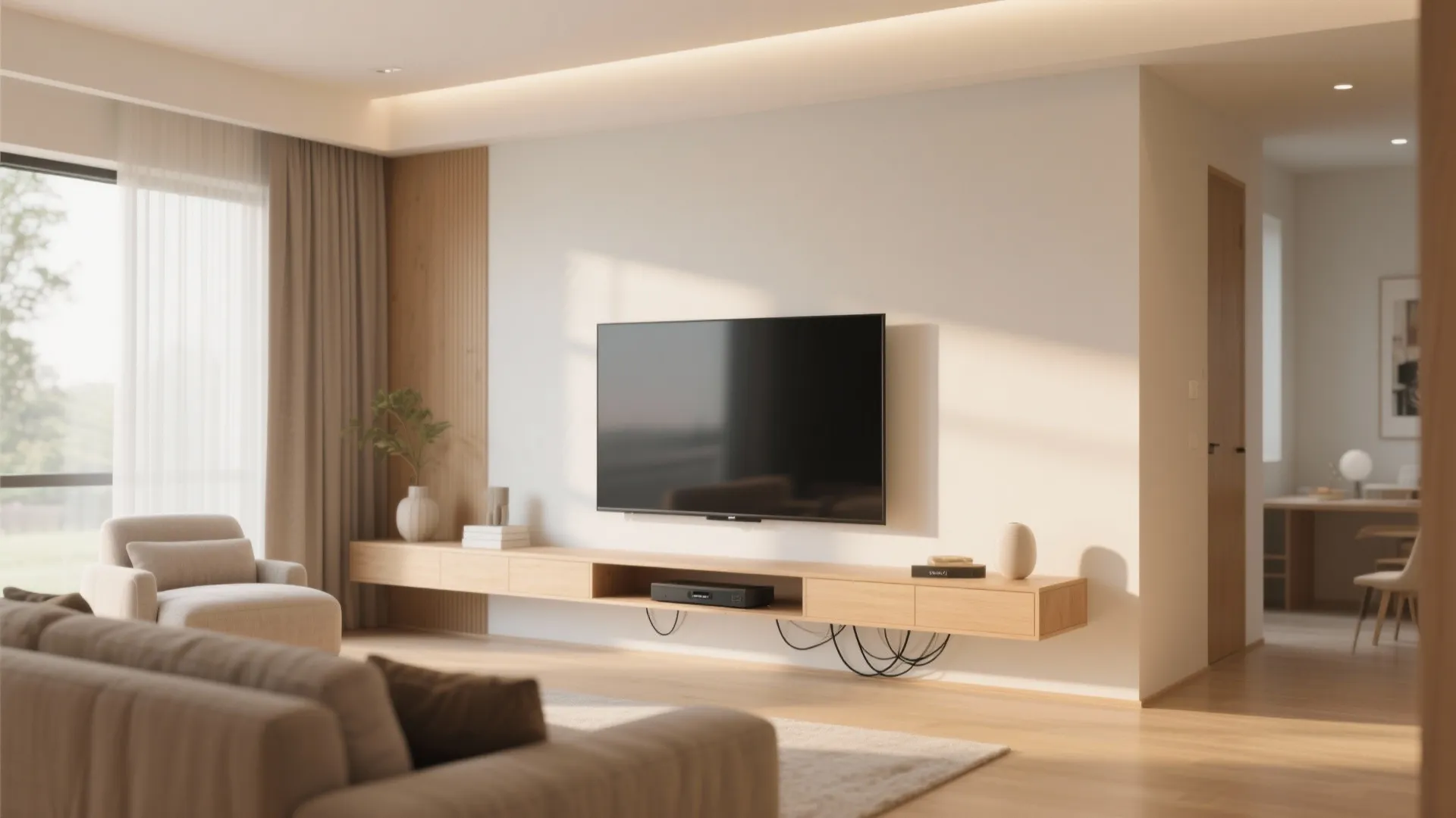 Wall-mounted slim TV console in a light and airy living room