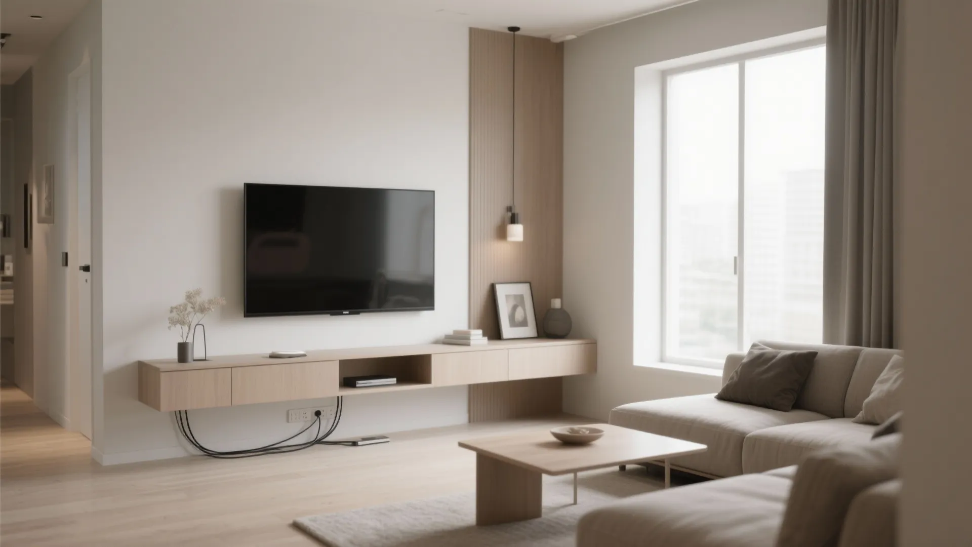Minimalist living room with wall mounted television wooden cabinet beige sofa and large bright window