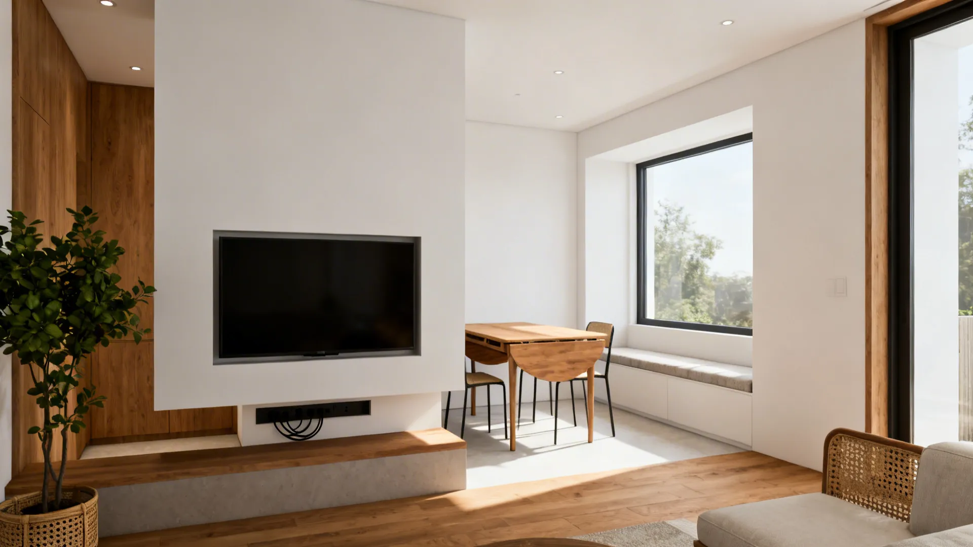 Modern white room featuring wall mounted television wooden folding table and a large bright window