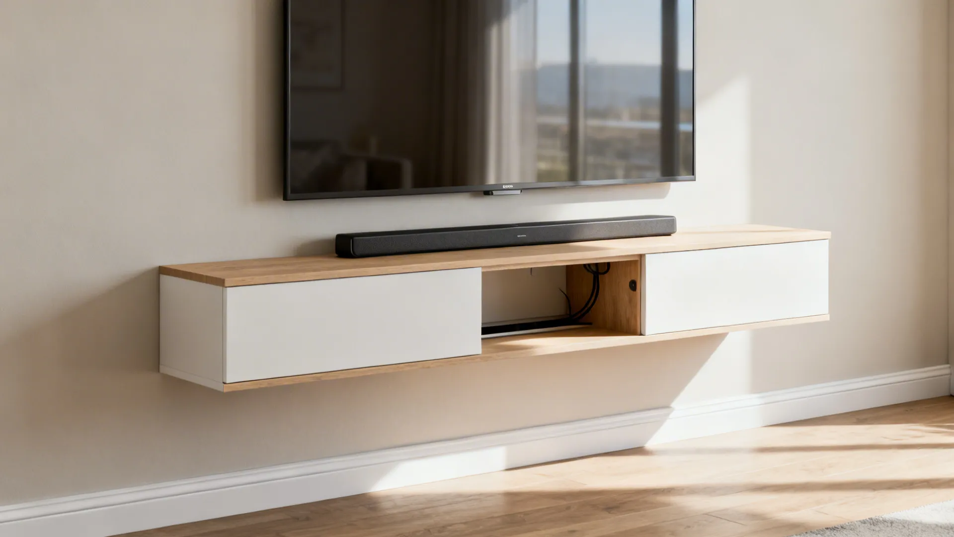 Floating wall-mounted TV cabinet with hidden cable channel and lacquered glass panel.