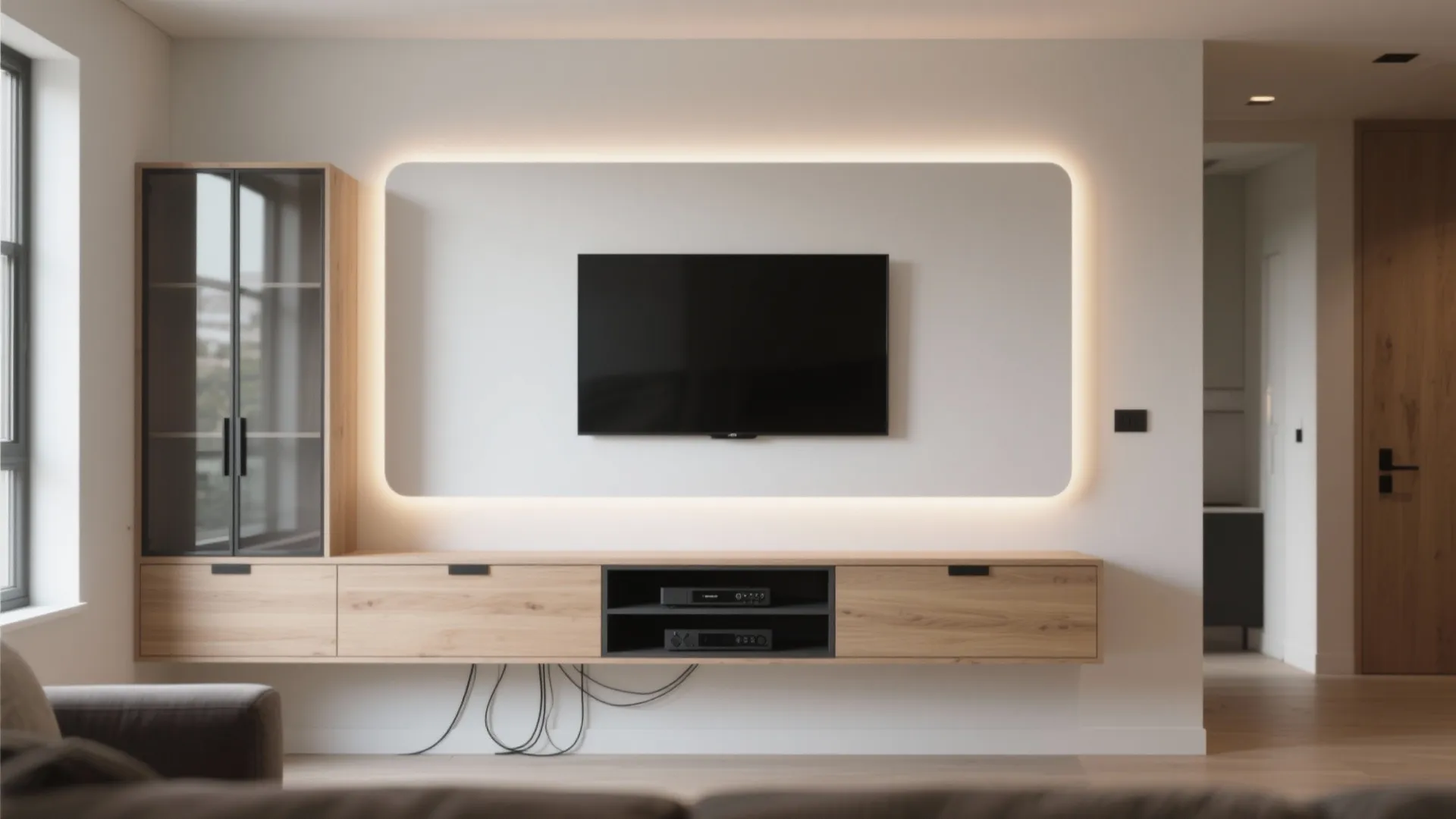Floating TV Wall with Hidden Storage and Lighting