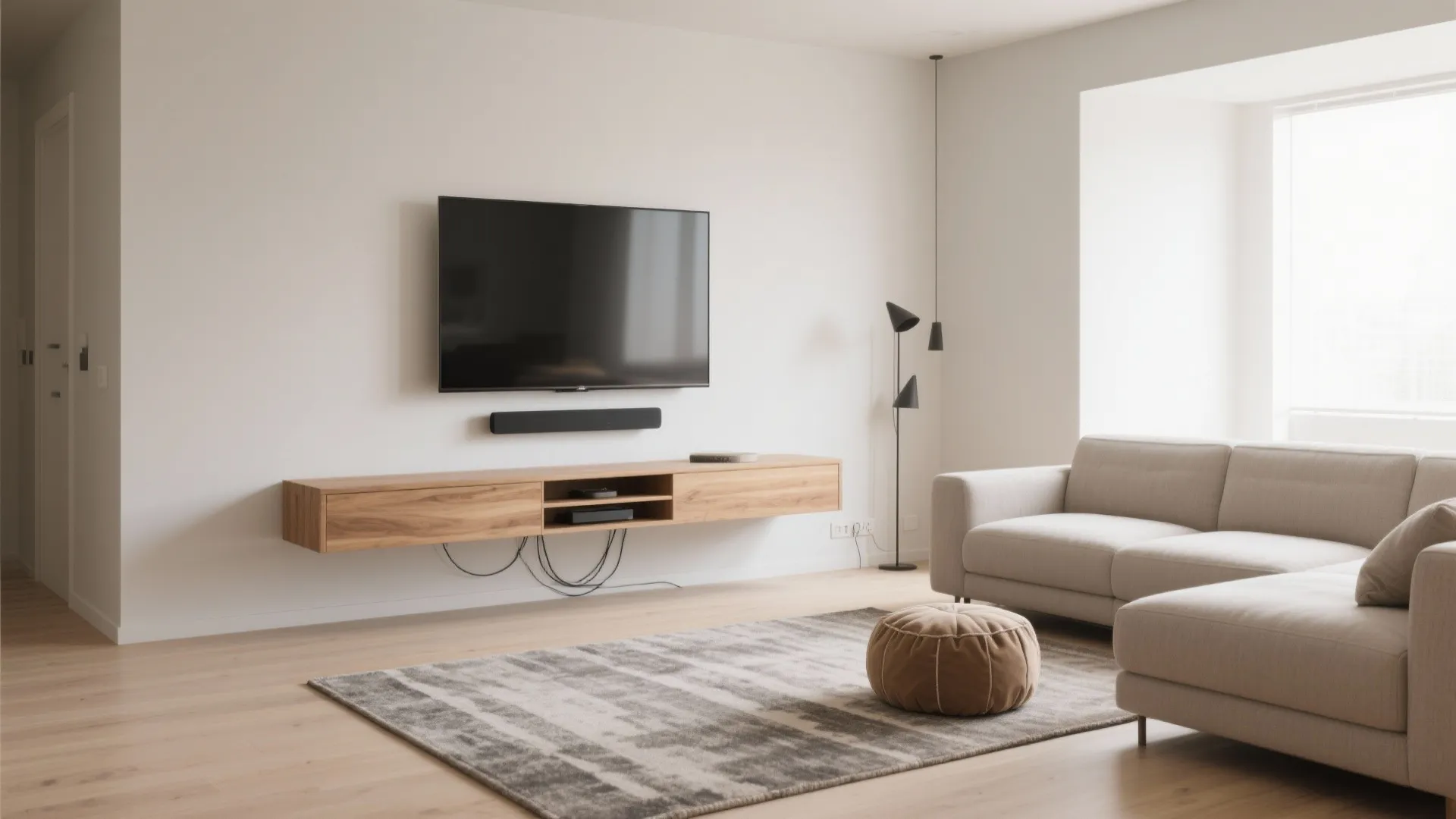 Floating wall-mounted TV above a slim console with concealed wiring in a small living room.