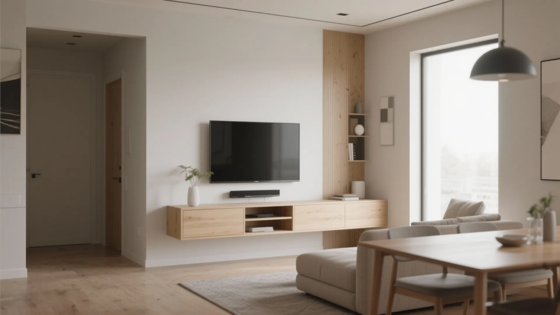 Minimalist living room with floating wooden cabinet under wall mounted television and light colored sofa furniture