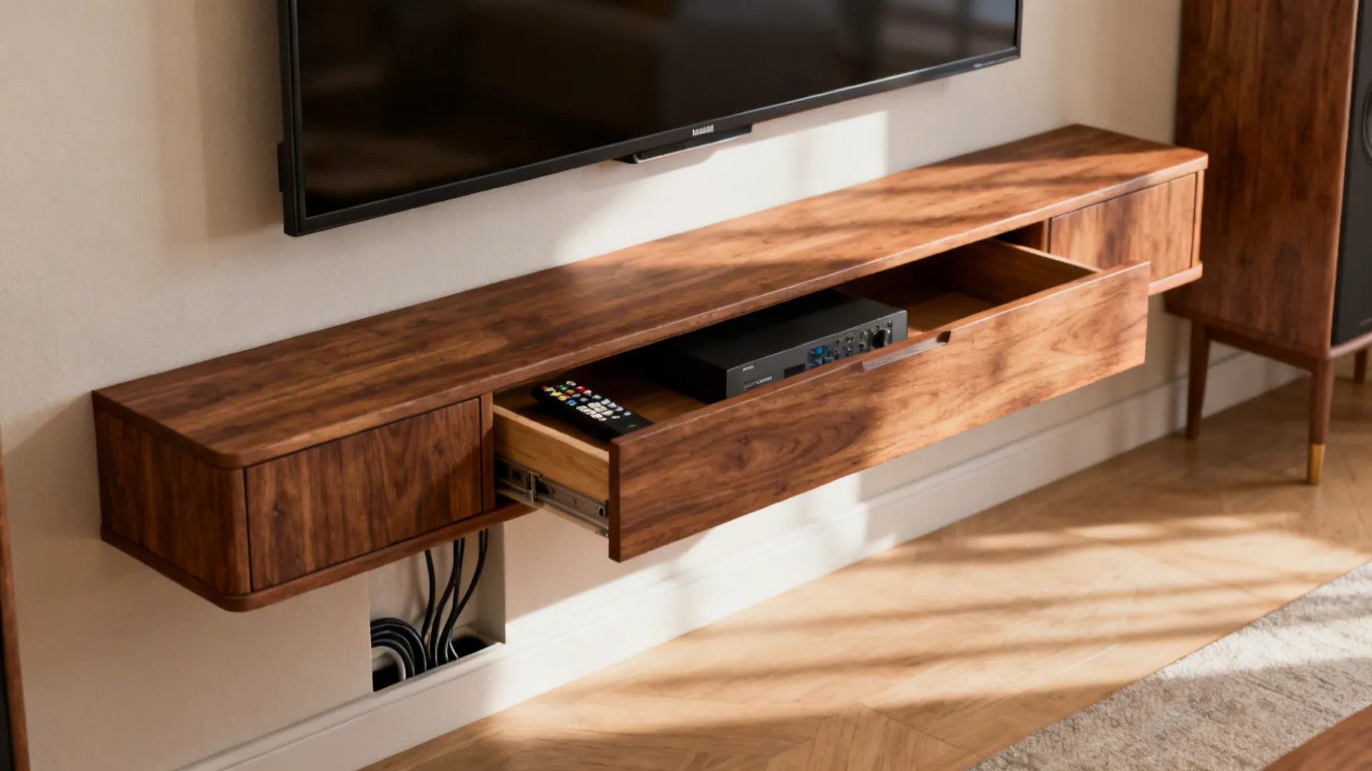Floating slim cabinet under a wall-mounted TV with hidden storage and neat cable concealment