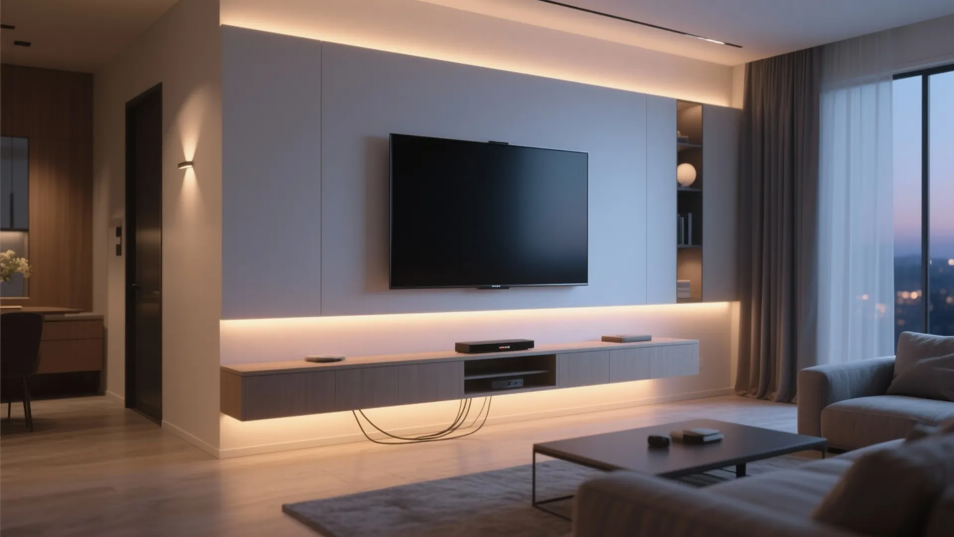 Modern living room featuring a television on white wall with cabinet and warm led lighting