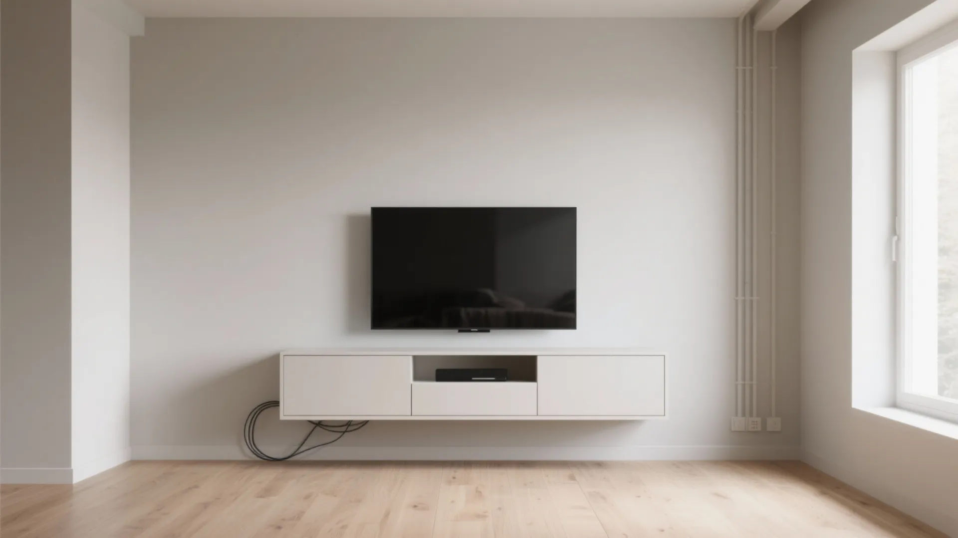 Minimalist living room with floating TV cabinet in Scandinavian style