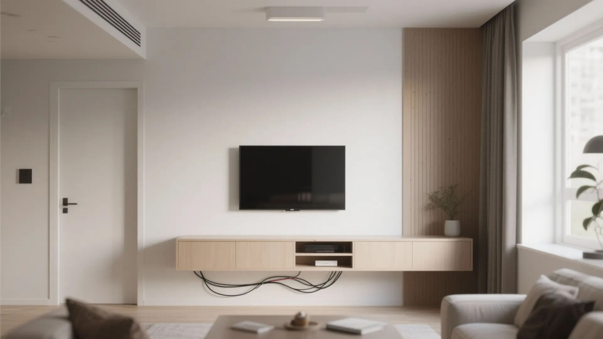 Modern living room featuring a wall mounted television above a light wood floating storage cabinet