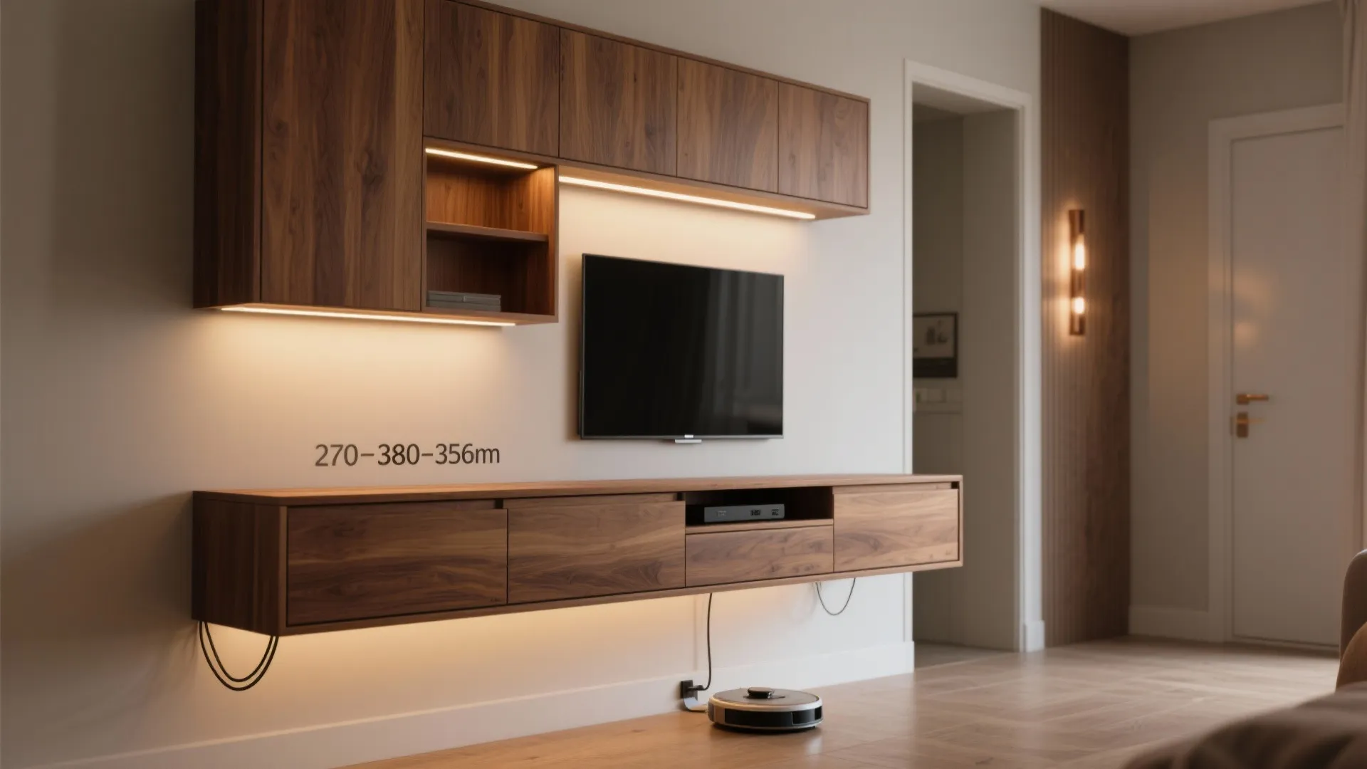 Modern wood floating cabinet with television and warm light strip for a clean living room