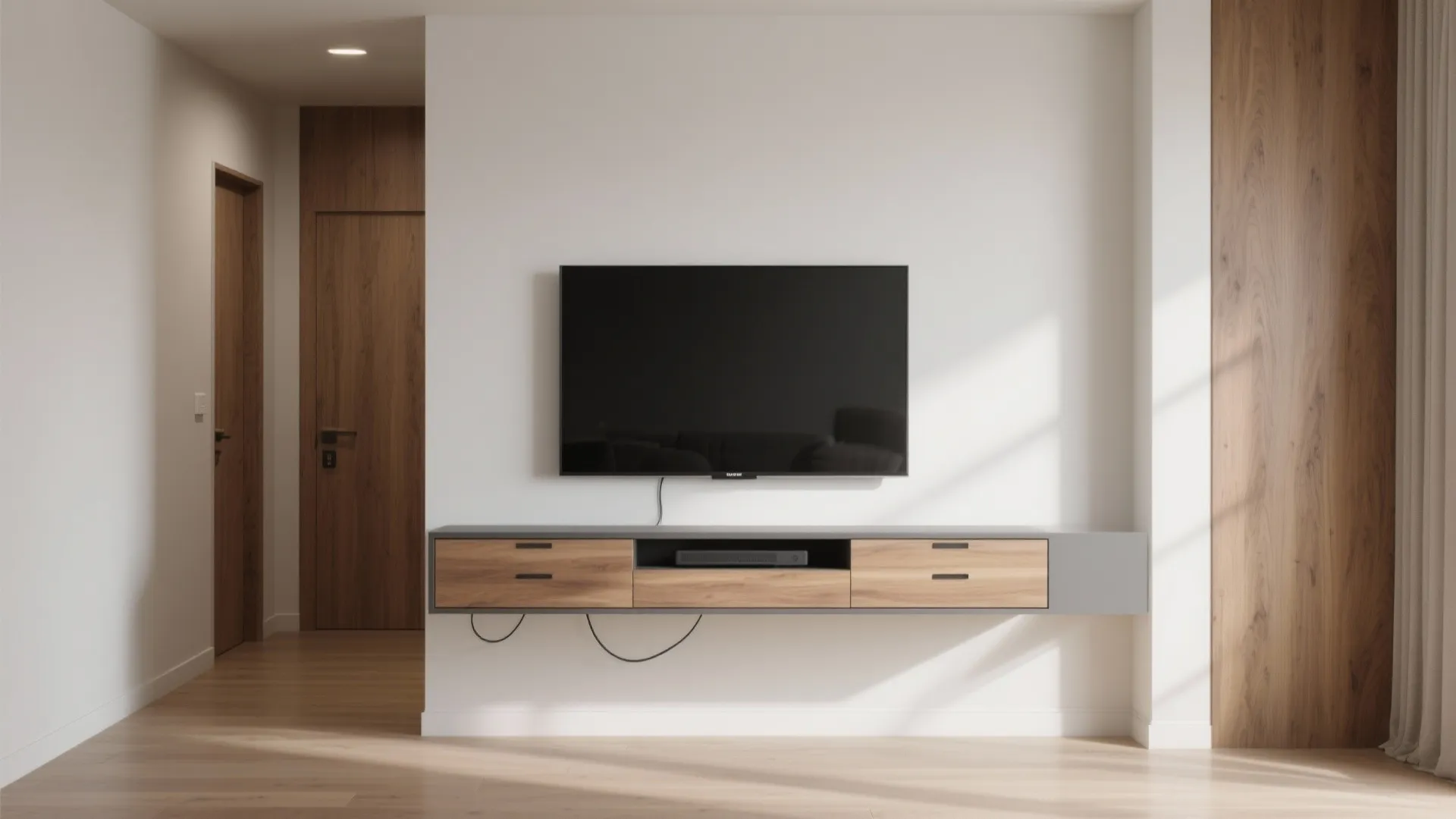 Minimalist floating TV wall with hidden storage