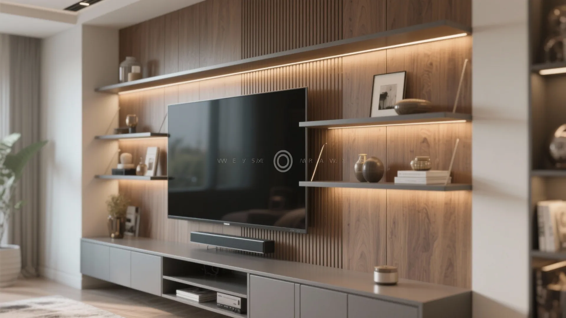 Modern living room featuring wood wall panel design with floating shelves light fixture and cabinet
