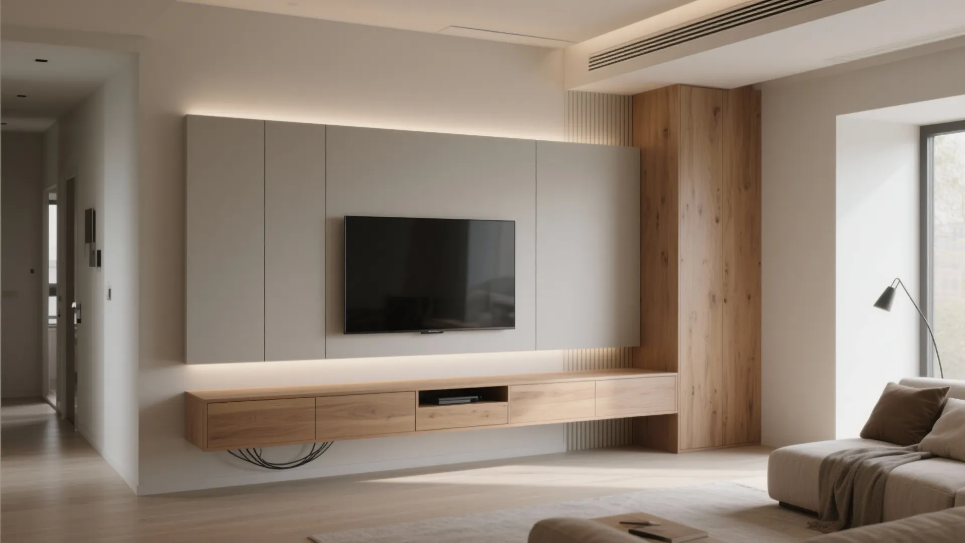 Minimal floating wall with hidden storage