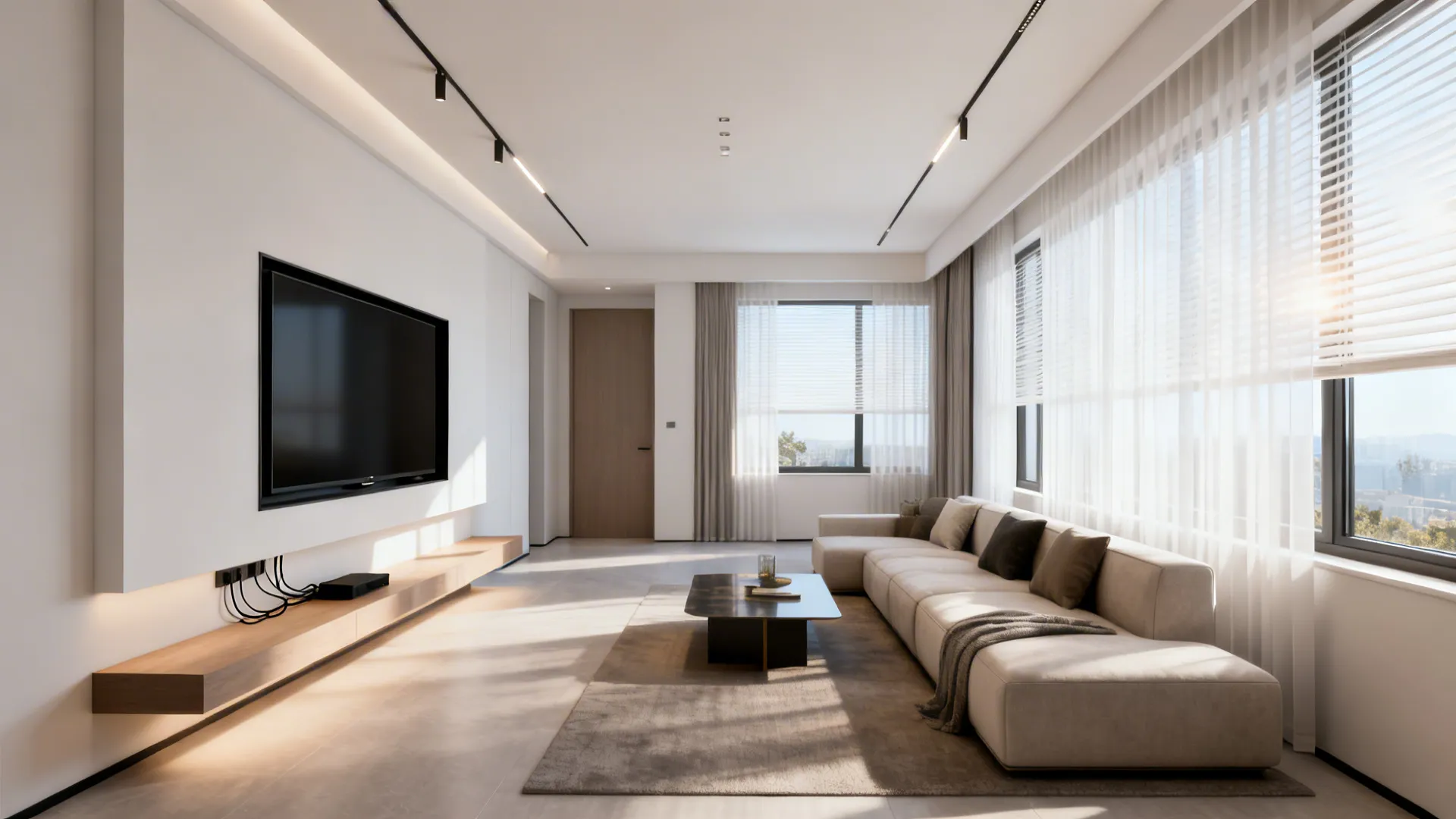 Floating TV wall and slim media console in a narrow living room to keep sightlines open.